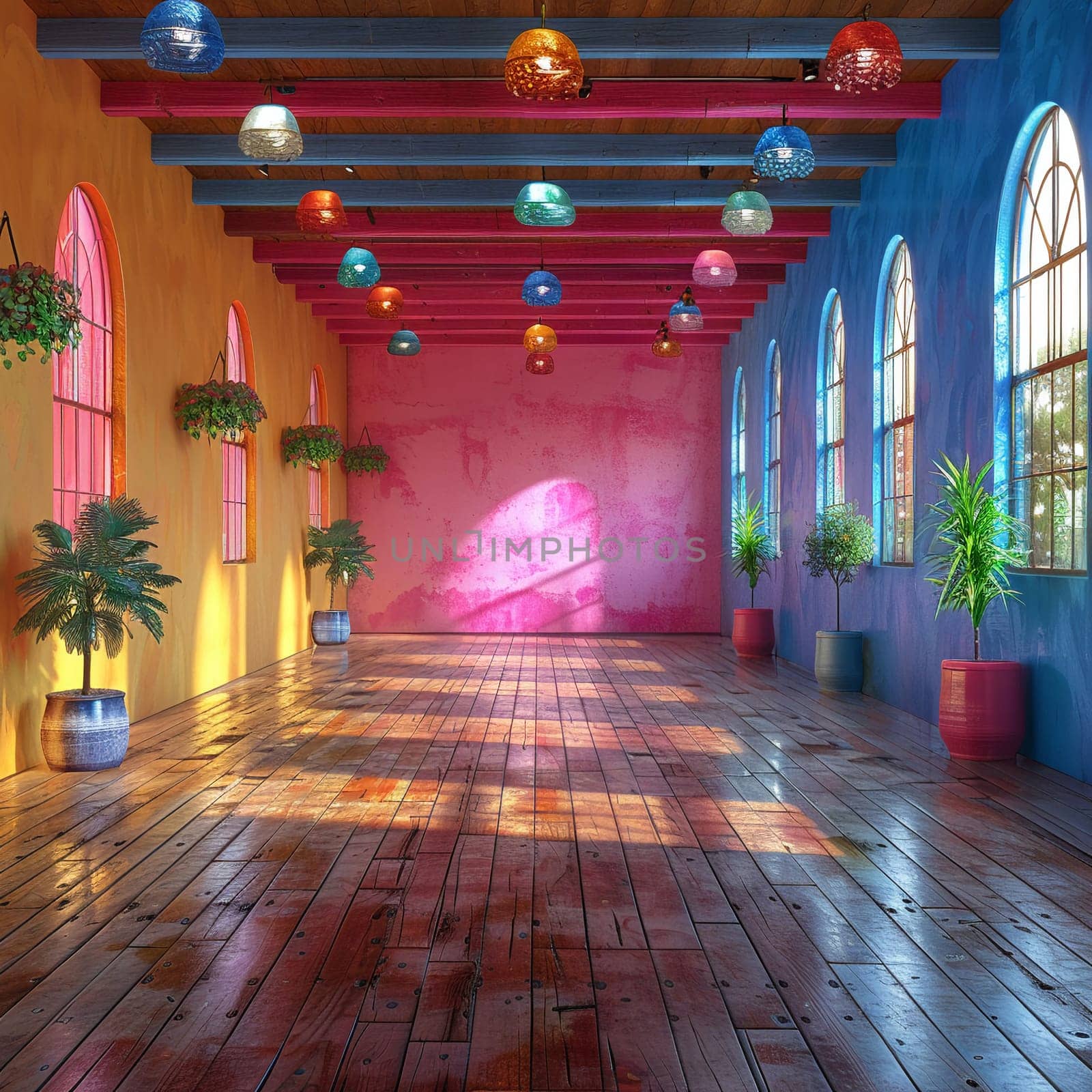 Vibrant Latin dance studio with colorful decorations and a wooden floor3D render.