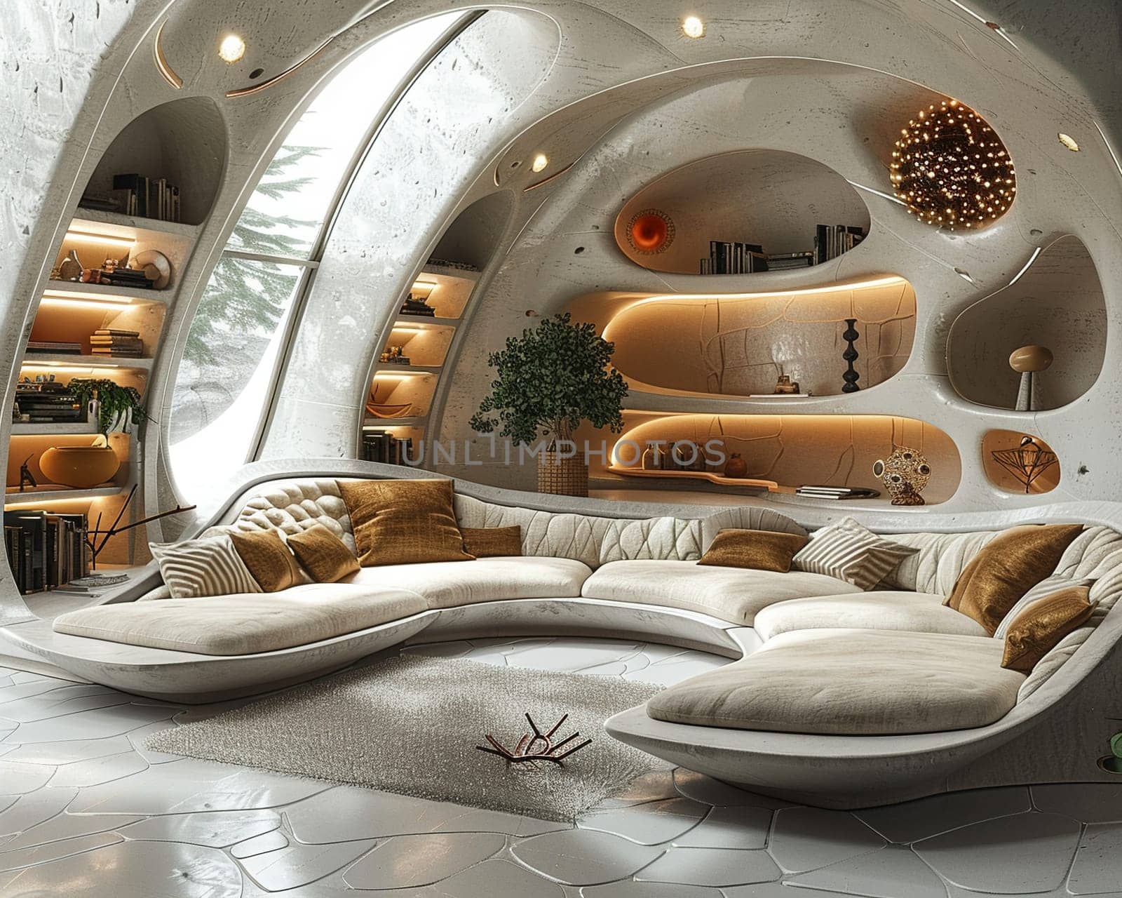 Retro-futuristic living room with curved furniture and metallic accents3D render