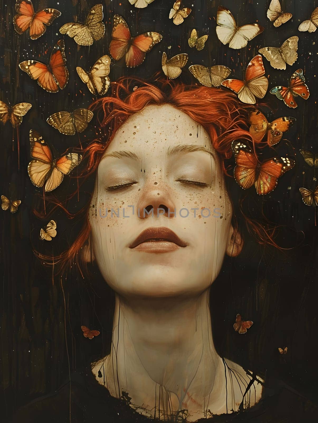 A woman with crimson hair and freckles is encircled by a fluttering of butterflies, creating a stunning visual arts display resembling a painting or sculpture