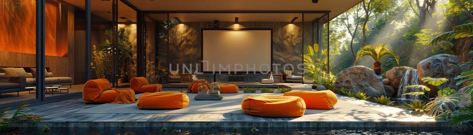 Outdoor cinema with bean bags and a projector under the stars3D render.