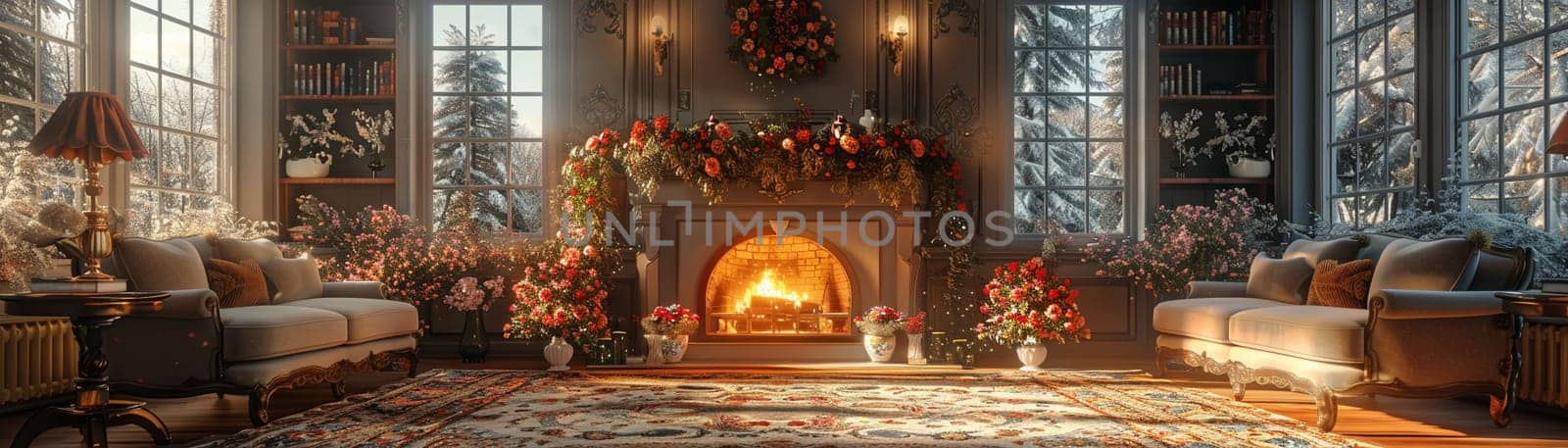 Traditional English cottage living room with floral patterns and cozy fireplace3D render by Benzoix