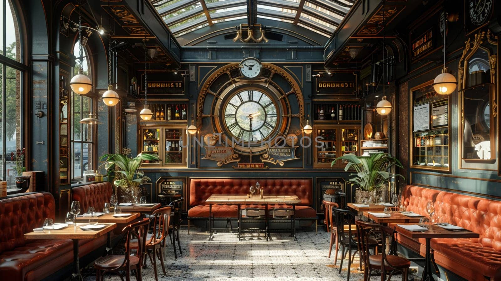 Vintage train-themed restaurant with booth seating in old carriages3D render.