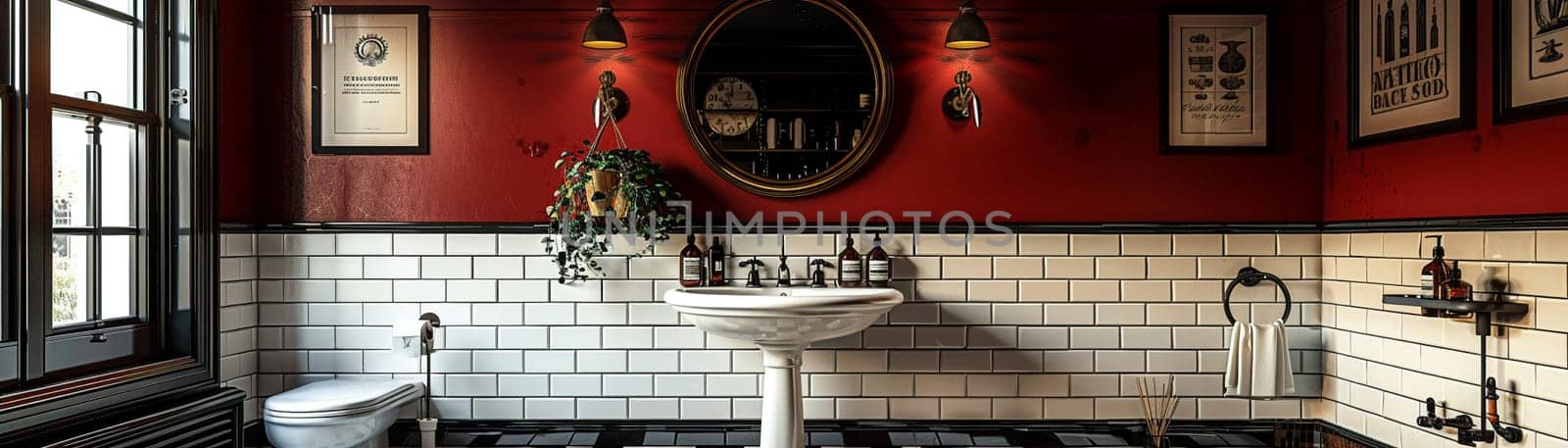 Vintage Hollywood glam powder room with mirrored vanity and black-and-white tile.3D render.