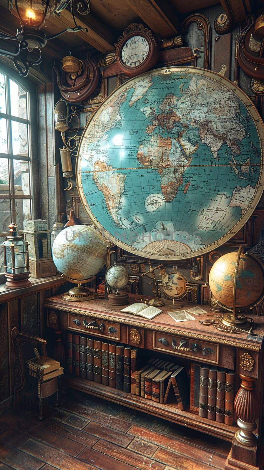Old-world map room with globes and antique navigation tools3D render by Benzoix