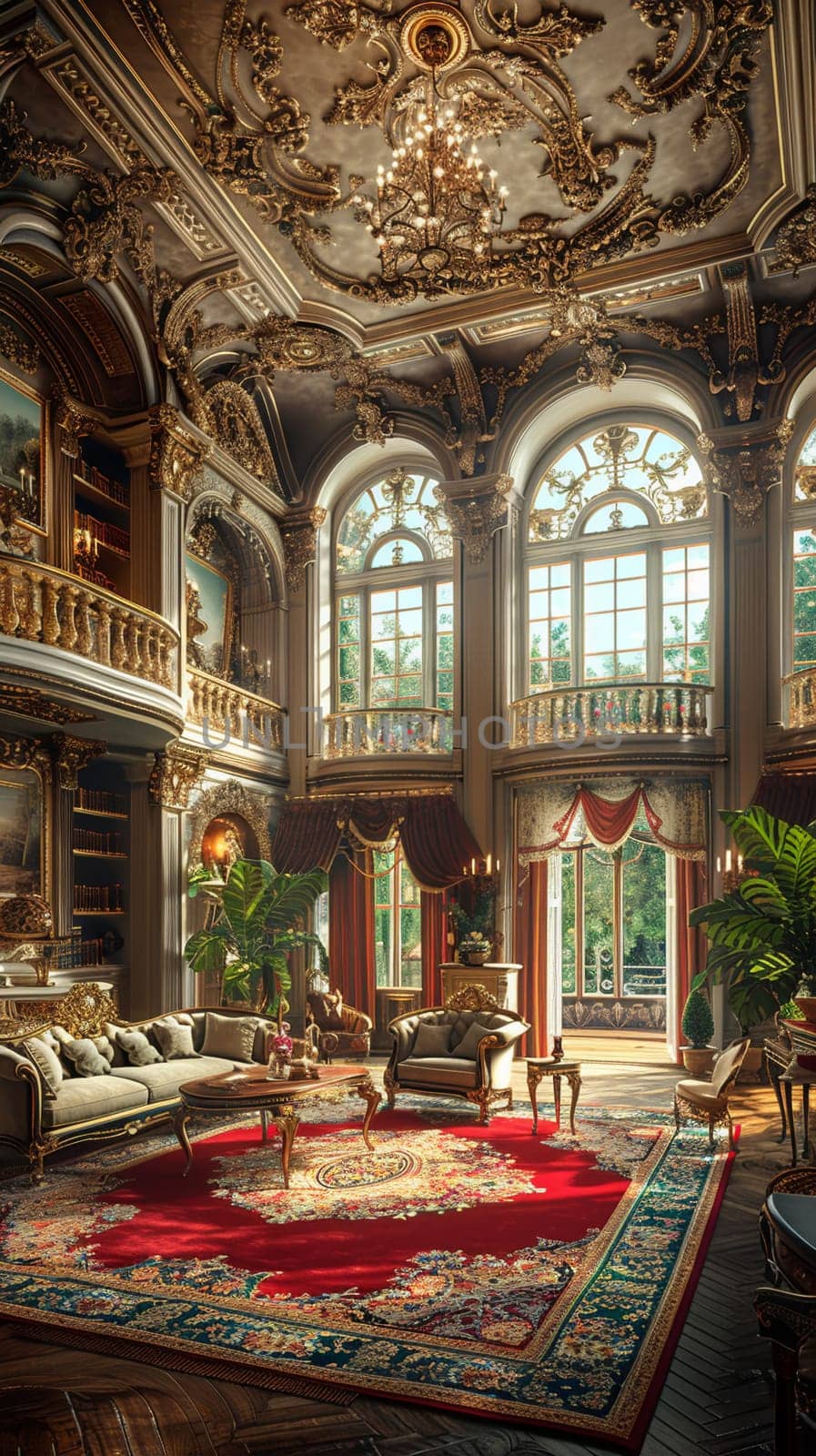 Ornate Victorian drawing room with rich textures and period furniture3D render.