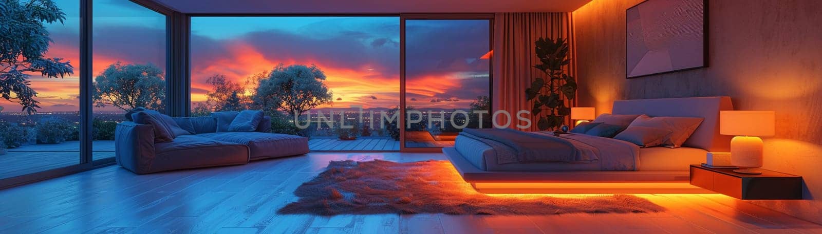 Futuristic bedroom with dynamic lighting and modular furniture3D render.