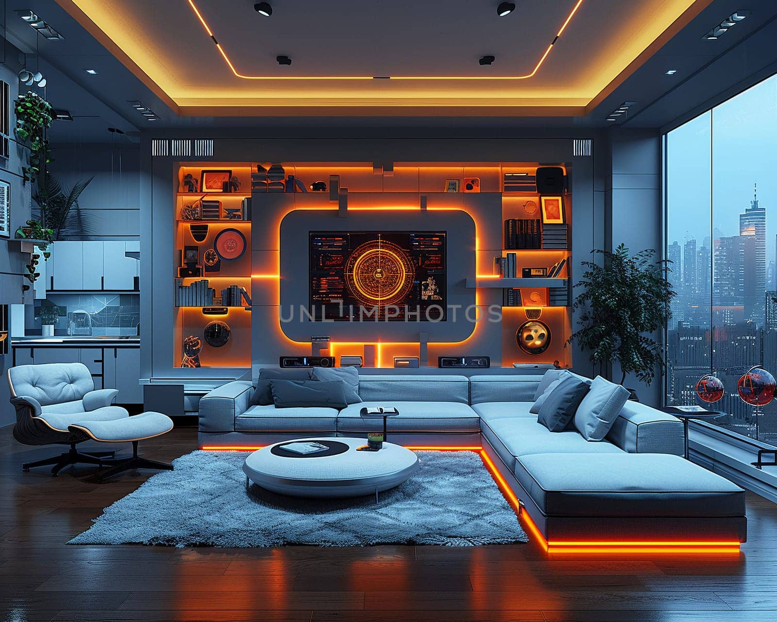 High-tech smart home living room with integrated technology and sleek furniture3D render by Benzoix
