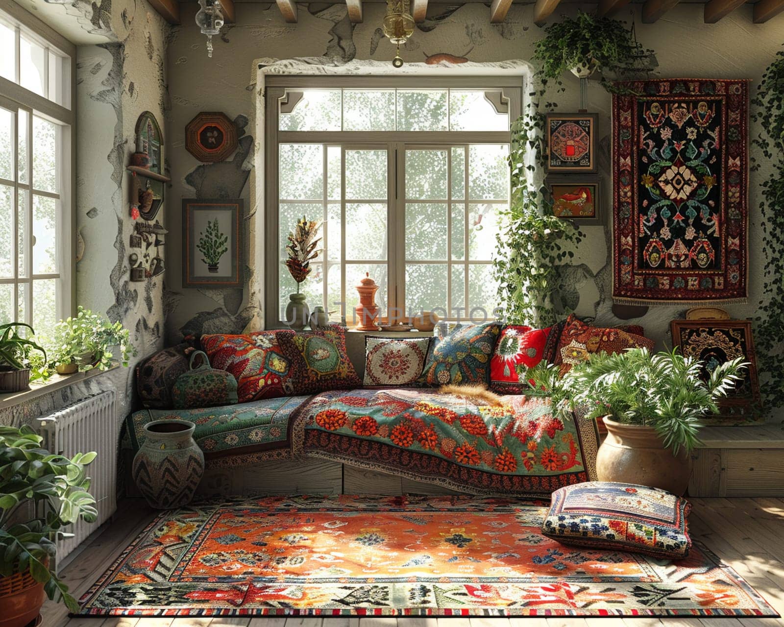 Traditional Russian dacha with folk art and a samovar3D render