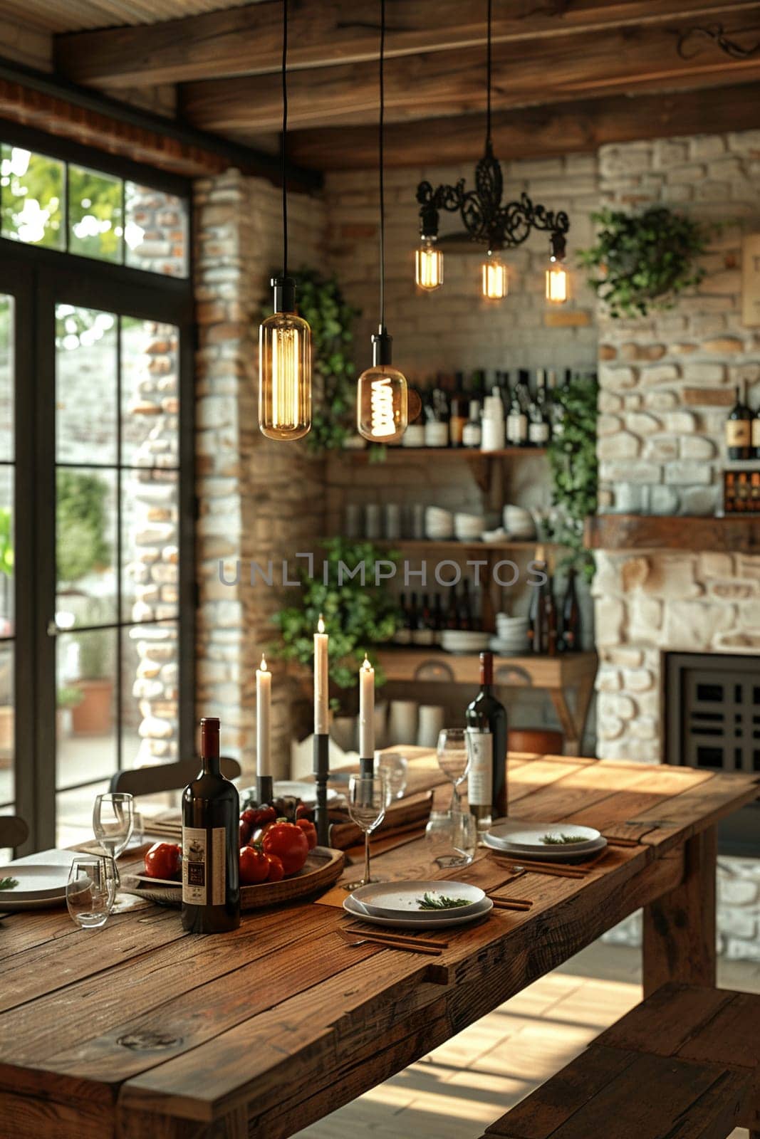 Warm and inviting dining room with a rustic farmhouse table and candle chandelier3D render.