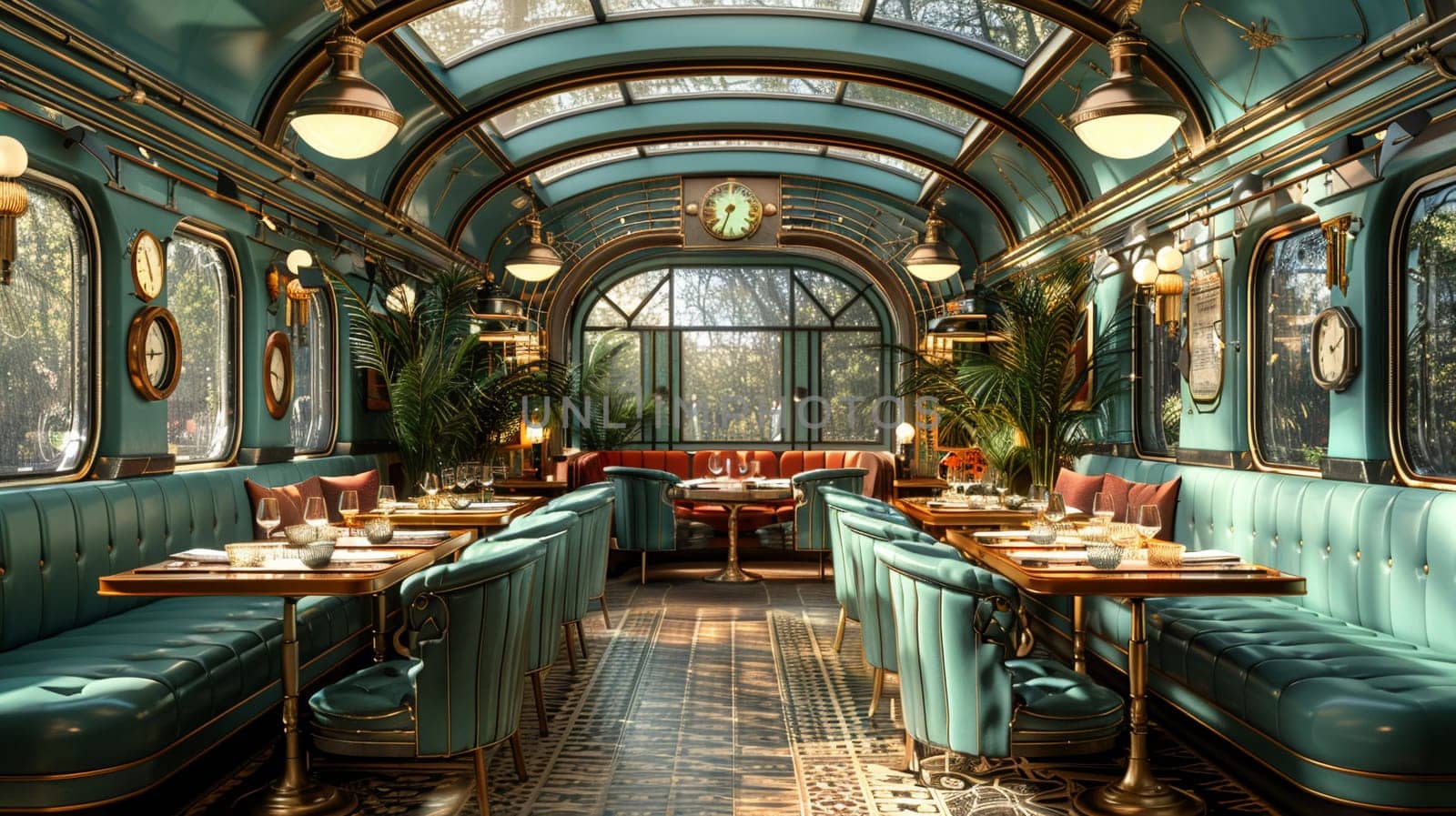 Vintage train-themed restaurant with booth seating in old carriages3D render by Benzoix