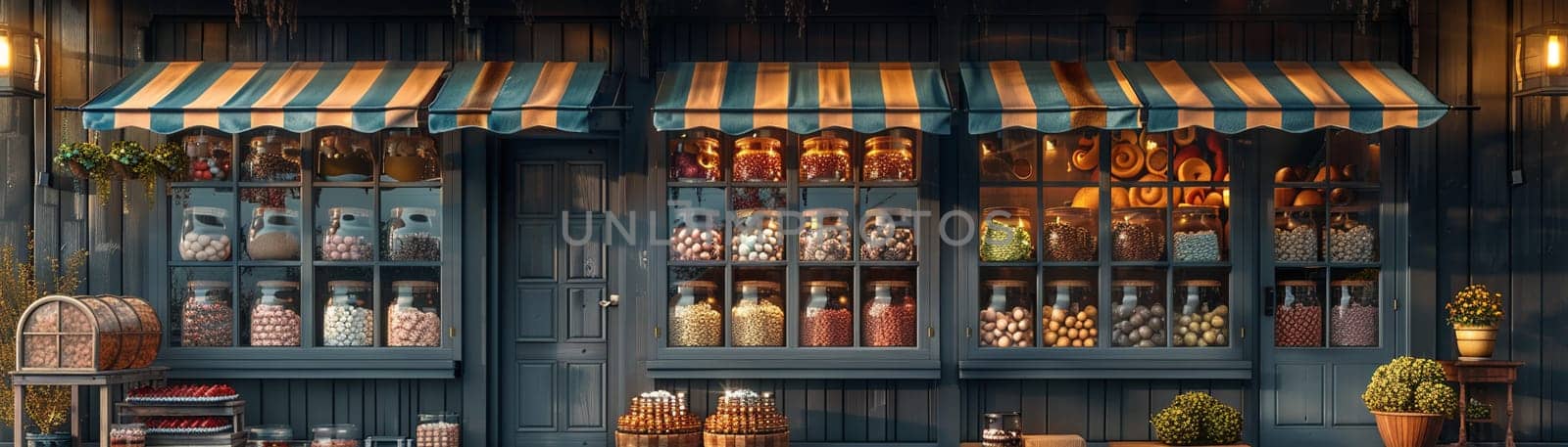 Old-fashioned candy shop with jars of sweets and a striped awning3D render.