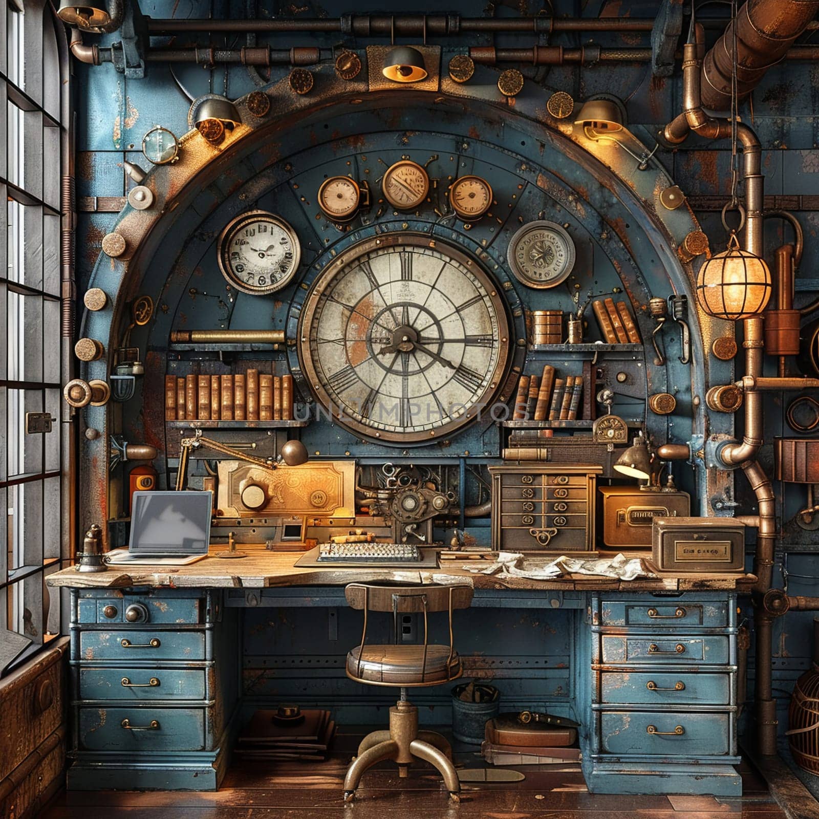 Steampunk study with vintage gadgets and brass details3D render by Benzoix