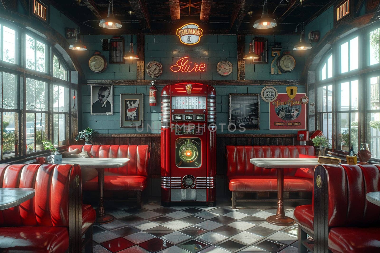 Classic American diner with red leather booths and a jukebox3D render by Benzoix