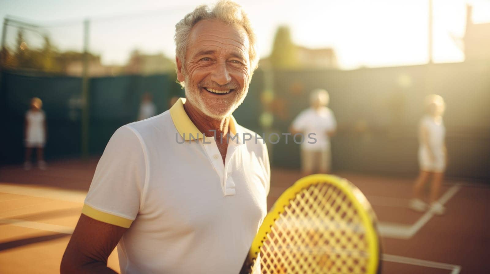 An elderly man with a content smile energetically plays tennis under the warm sun, gripping his racket. In the background, two friends have a friendly match on a sunny day at the tennis court.