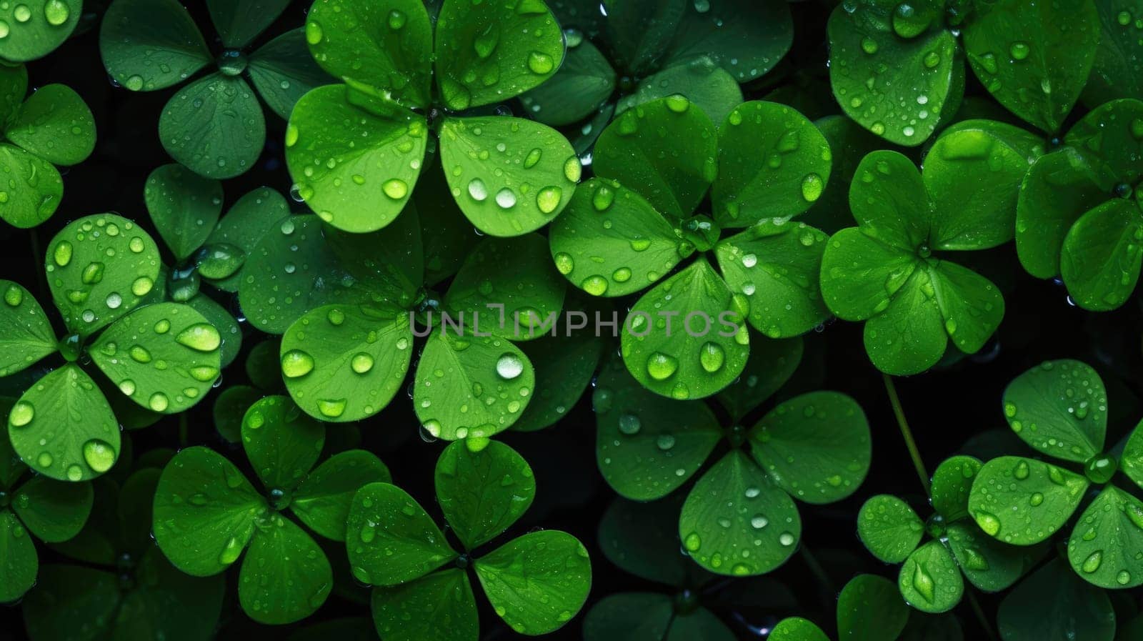 A stunning and vivid scene of a dense field of green four-leaf clovers, perfect for St. Patricks Day or nature-themed designs, providing a sense of freshness and abundance in a harmonious setting.