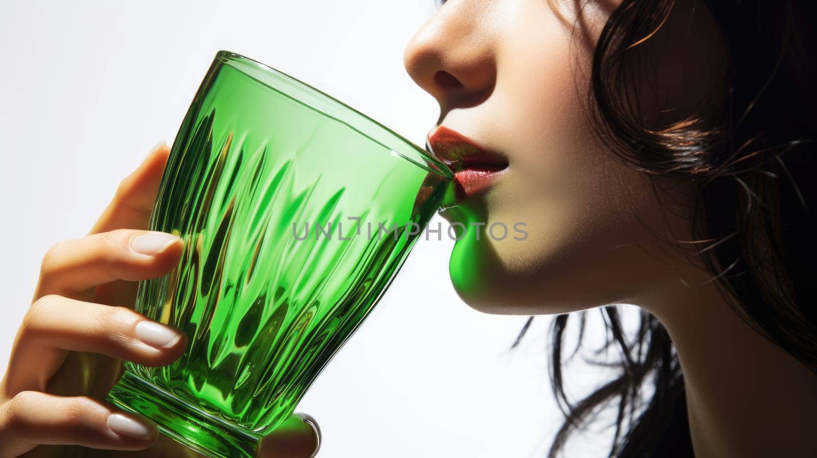 Beautiful brunette woman enjoying drink from green glass at the cozy bar celebrating St Patricks Day by JuliaDorian