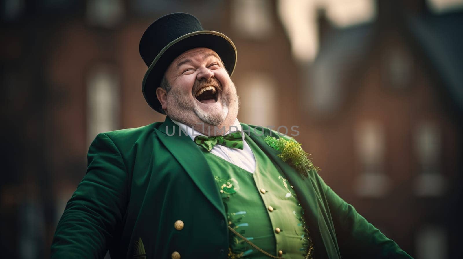 Happy St Patricks Day An Irishman in a green suit and hat is laughing. by JuliaDorian