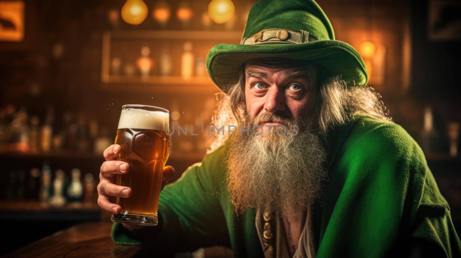 Cheerful elderly male with grey curly hair and beard dressed in elegant green suit and top hat toasting with foamy beer mug in honor of Saint Patricks Day against dark background