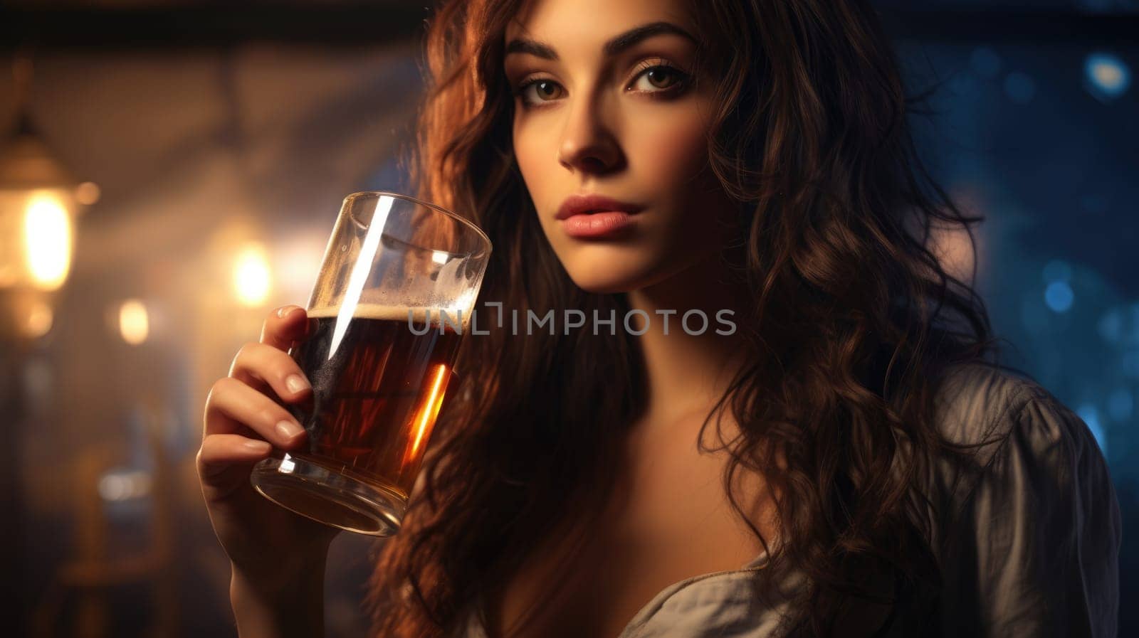 Beautiful brunette woman enjoying glass of beer at the cozy bar celebrating St Patricks Day by JuliaDorian