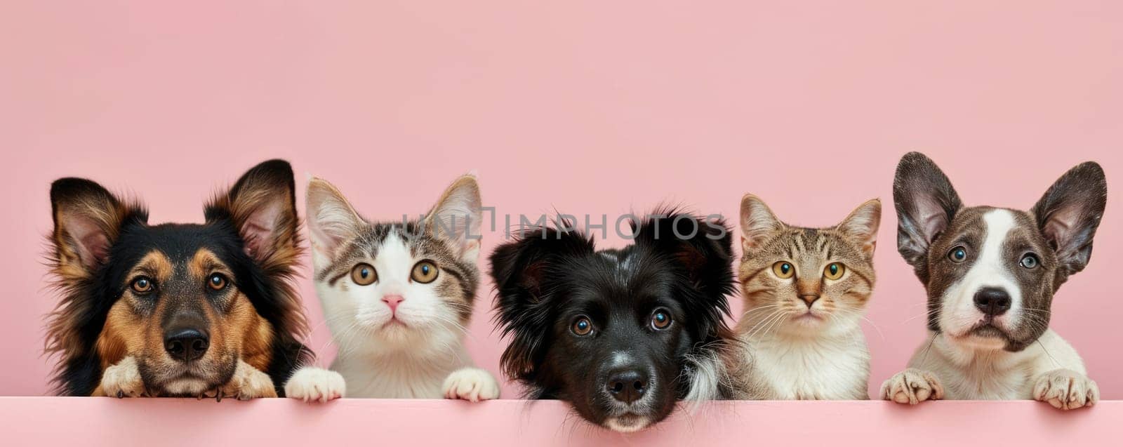 The picture of front view and close up of the multiple group of the various cat and dog in front of the bright pink background that look back to the camera with the curious and interest face. AIGX03.