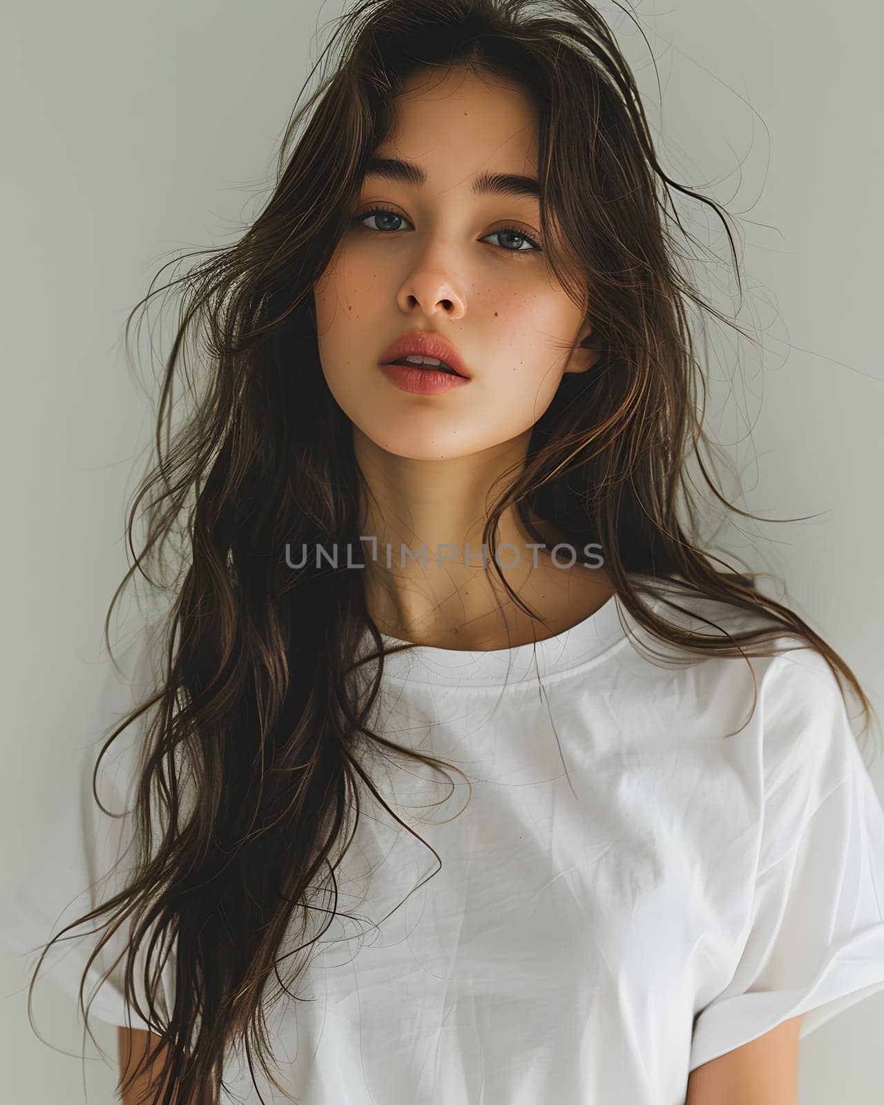 A woman with luscious long hair is donning a pristine white tshirt, showcasing her flawless skin, rosy cheeks, and pink lips