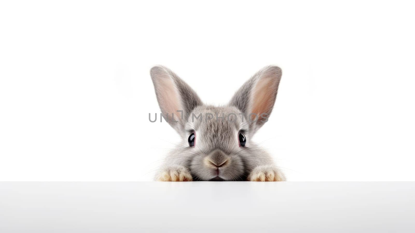Surprised Funny Cute Bunny with Big Eyes hiding behind white banner on Light Background, Cute Animal Portrait by JuliaDorian