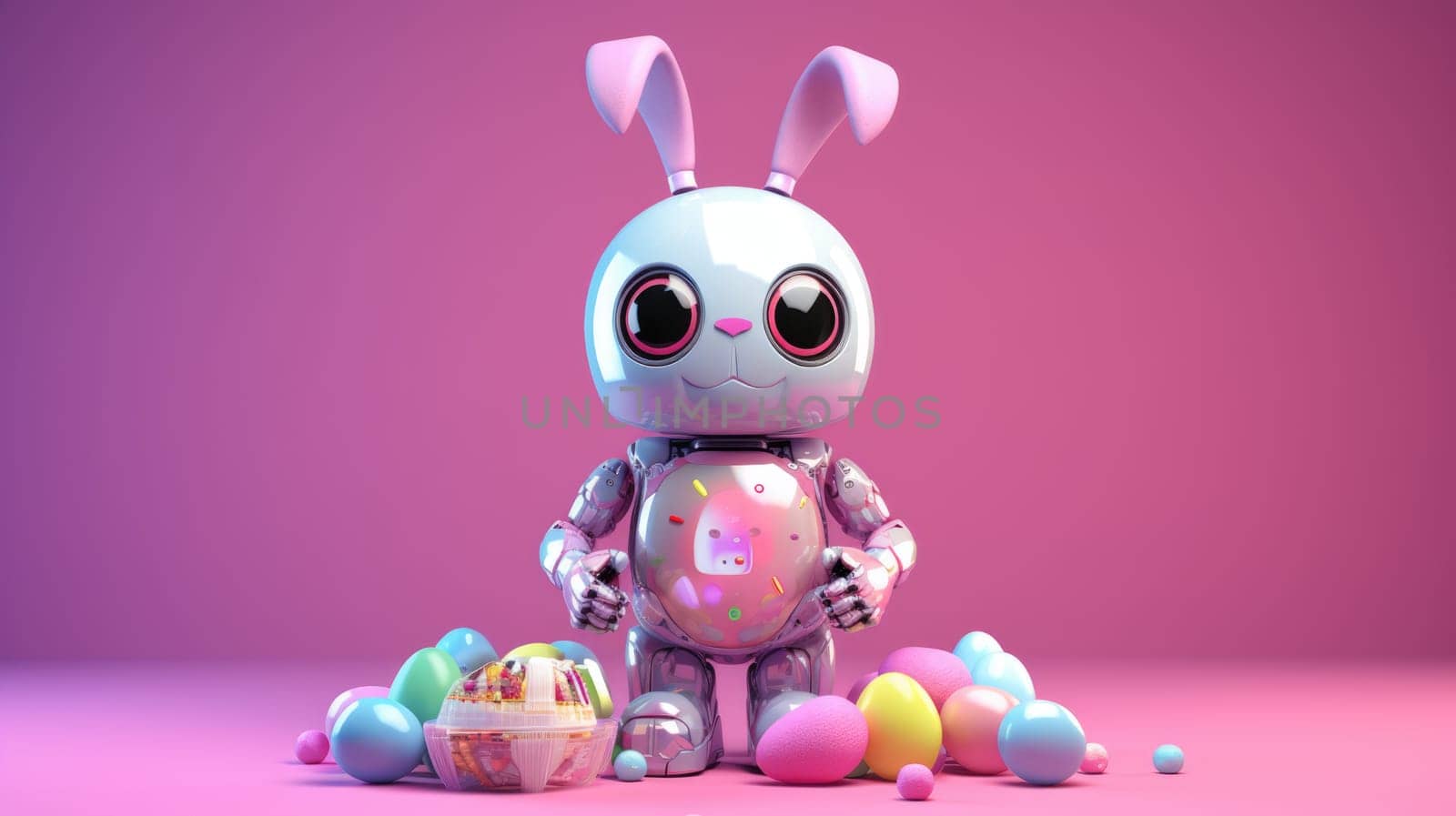 Cyberpunk Rabbit and Retro Outfit on bright Background with Easter eggs by JuliaDorian