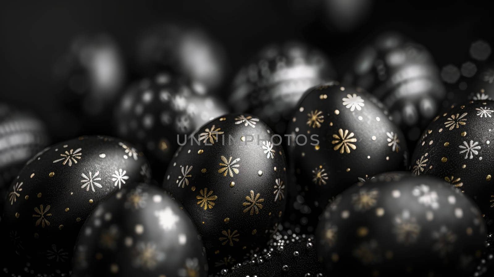 Silver metallic and black Easter Eggs on dark Background. Happy Easter eggs by JuliaDorian