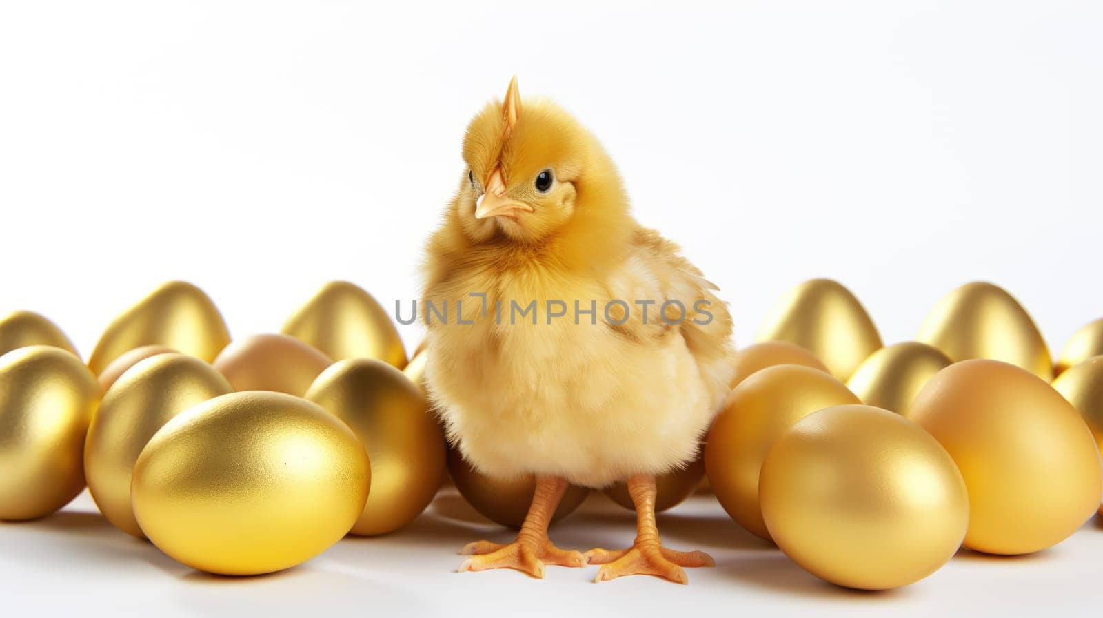 Fluffy yellow baby chick standing in front of golden Easter eggs by JuliaDorian