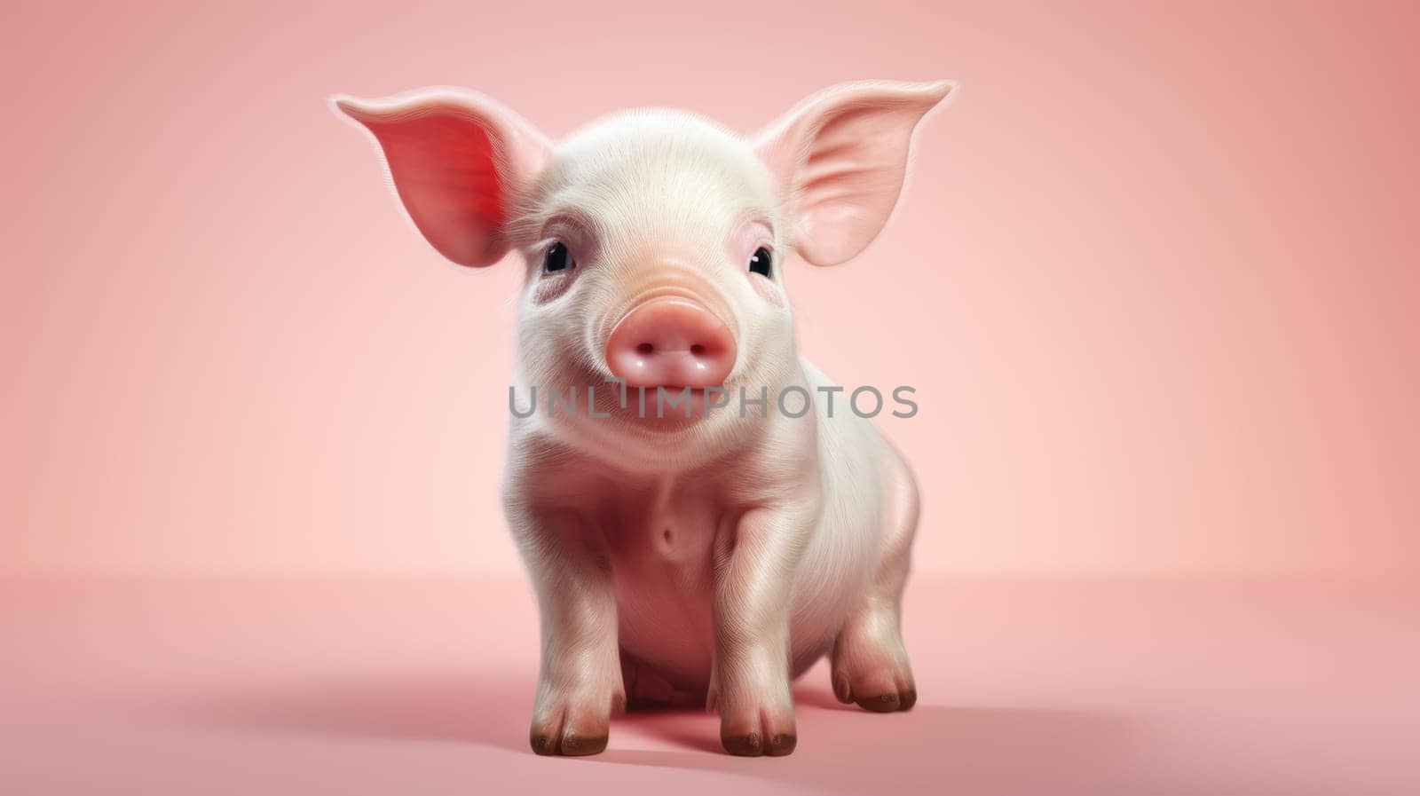 An adorable baby piglet sitting on white clouds with rainbow on blue sky background, showcasing its innocence and charm. by JuliaDorian