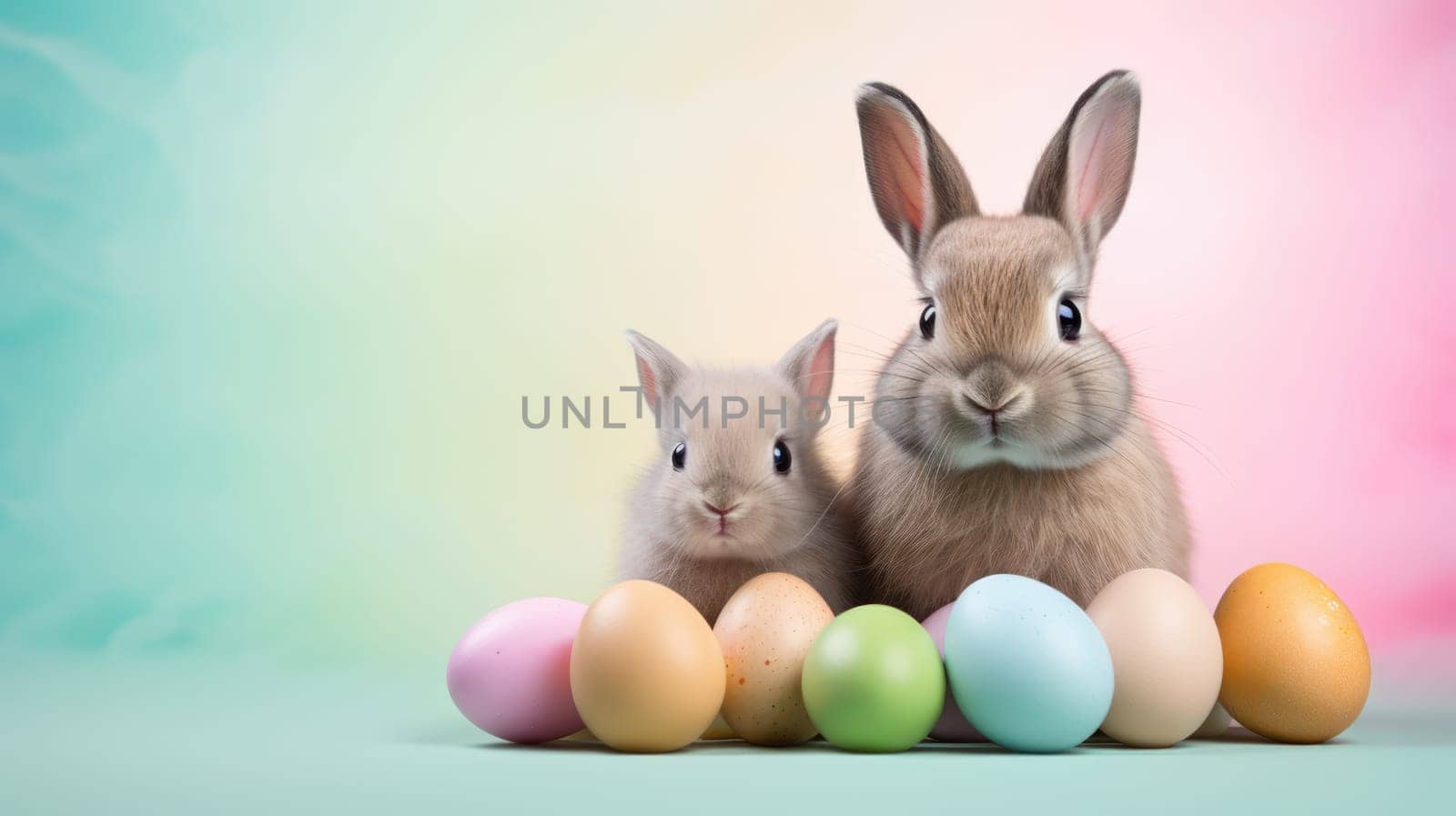 Two cute rabbits with colorful Easter eggs on blue background by JuliaDorian