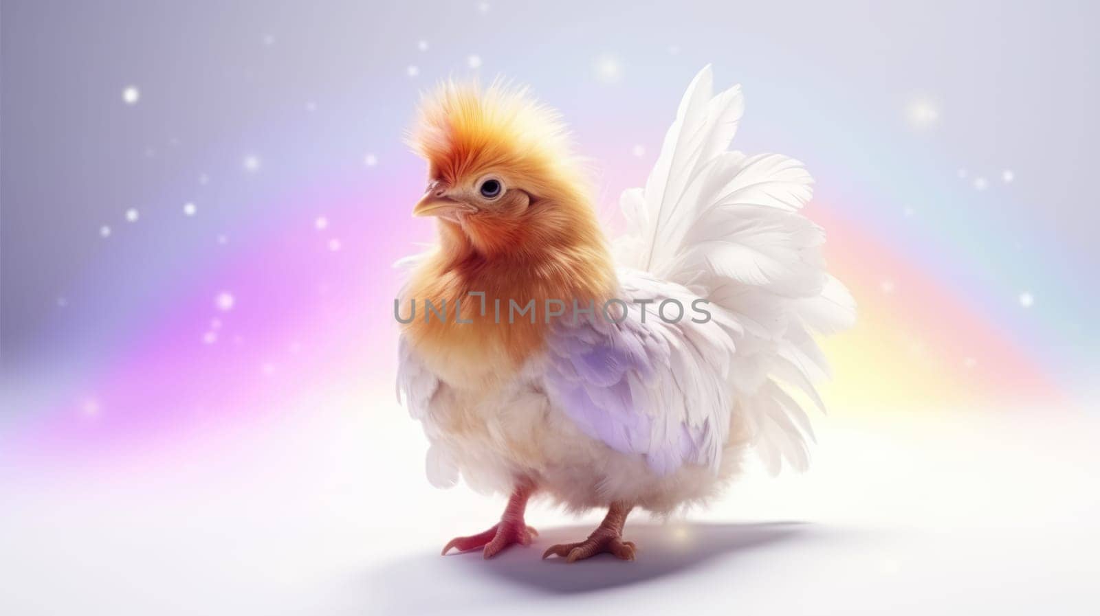 A vibrant chicken with rainbow feathers stands on a pastel rainbow backdrop. Its multicolored feathers contrast beautifully with the soft gradient background, creating a whimsical and cheerful scene.