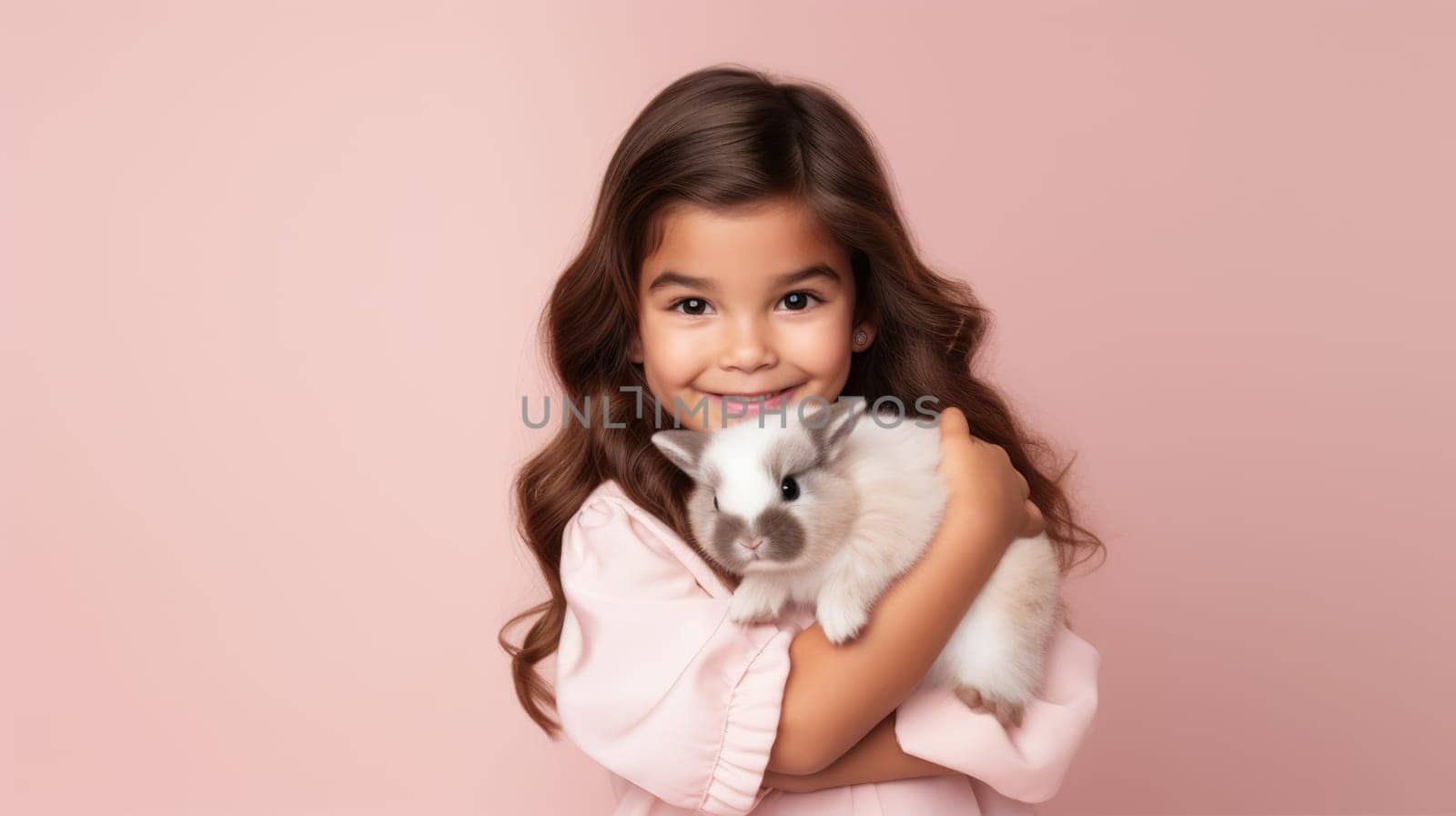 Little girl holding a white Easter bunny close to her chest, smiling at the camera with joy. by JuliaDorian