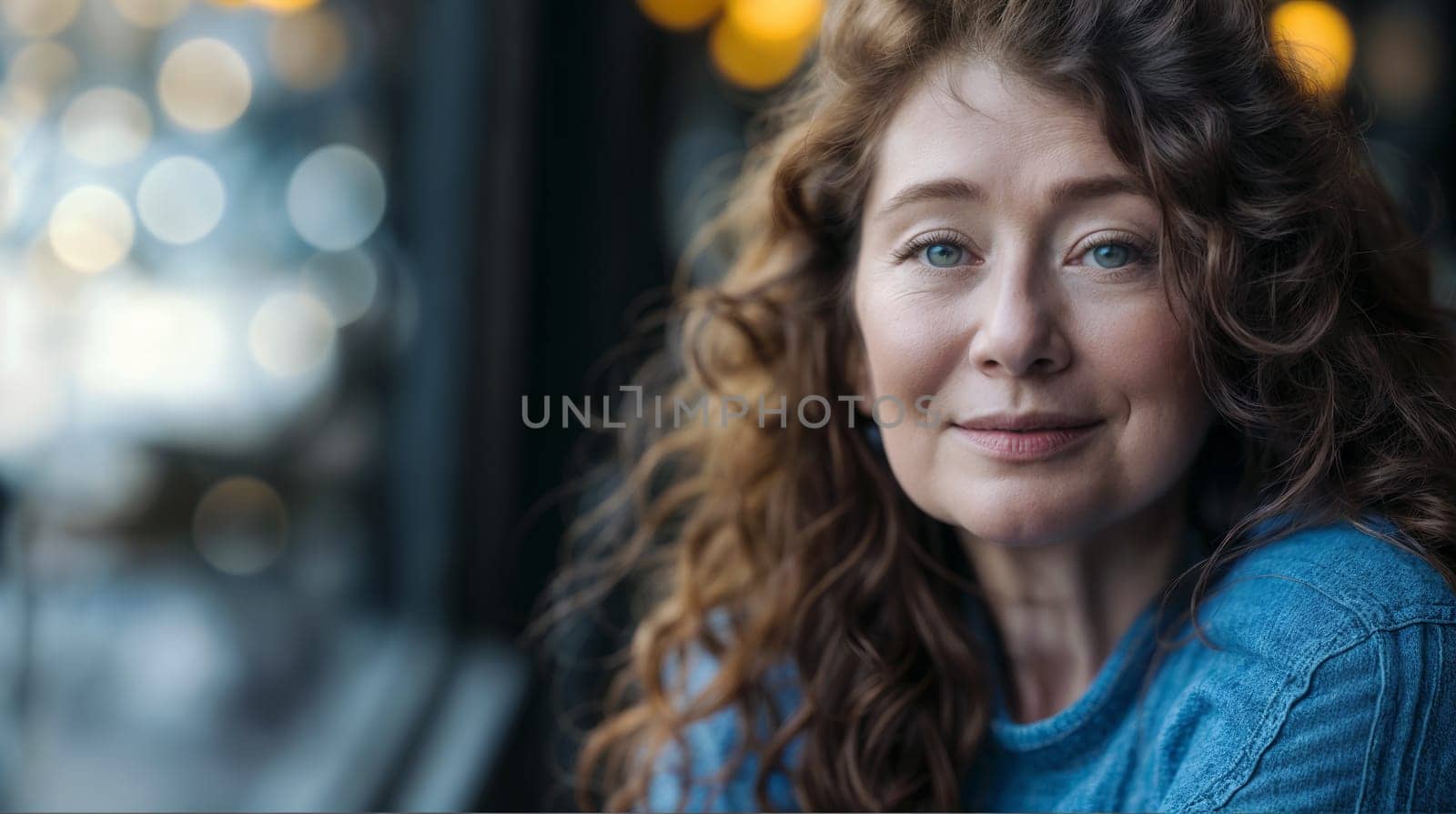 Calm, curly-haired smiling woman in urban setting with soft bokeh lights - generative AI