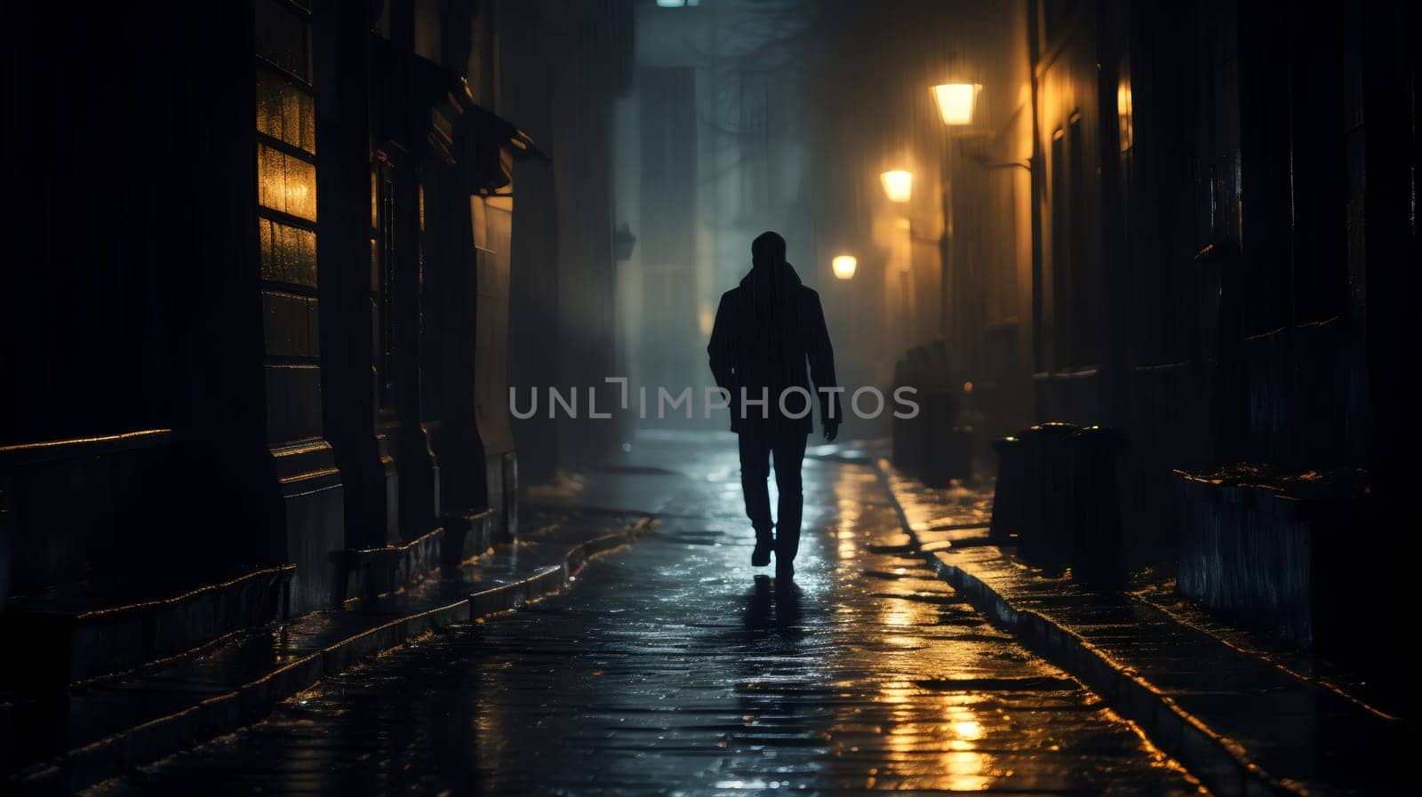 A single figure walks away into the misty glow of a rain-soaked, lamp-lit street by chrisroll