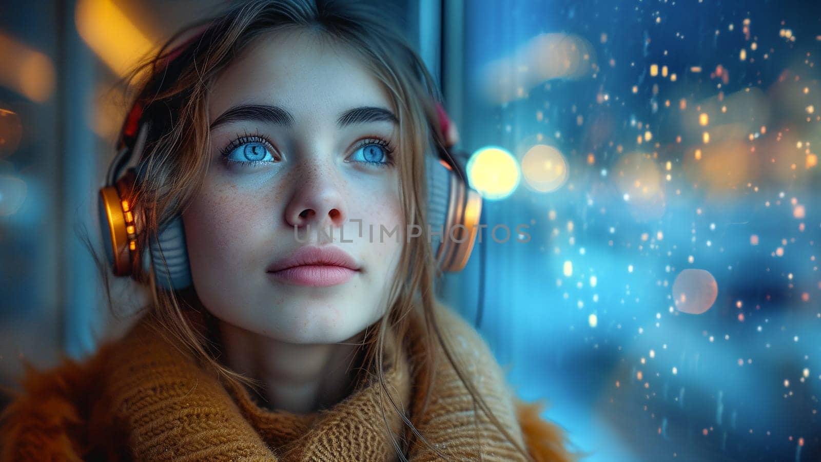Woman Looking Out Window With Headphones On by chrisroll