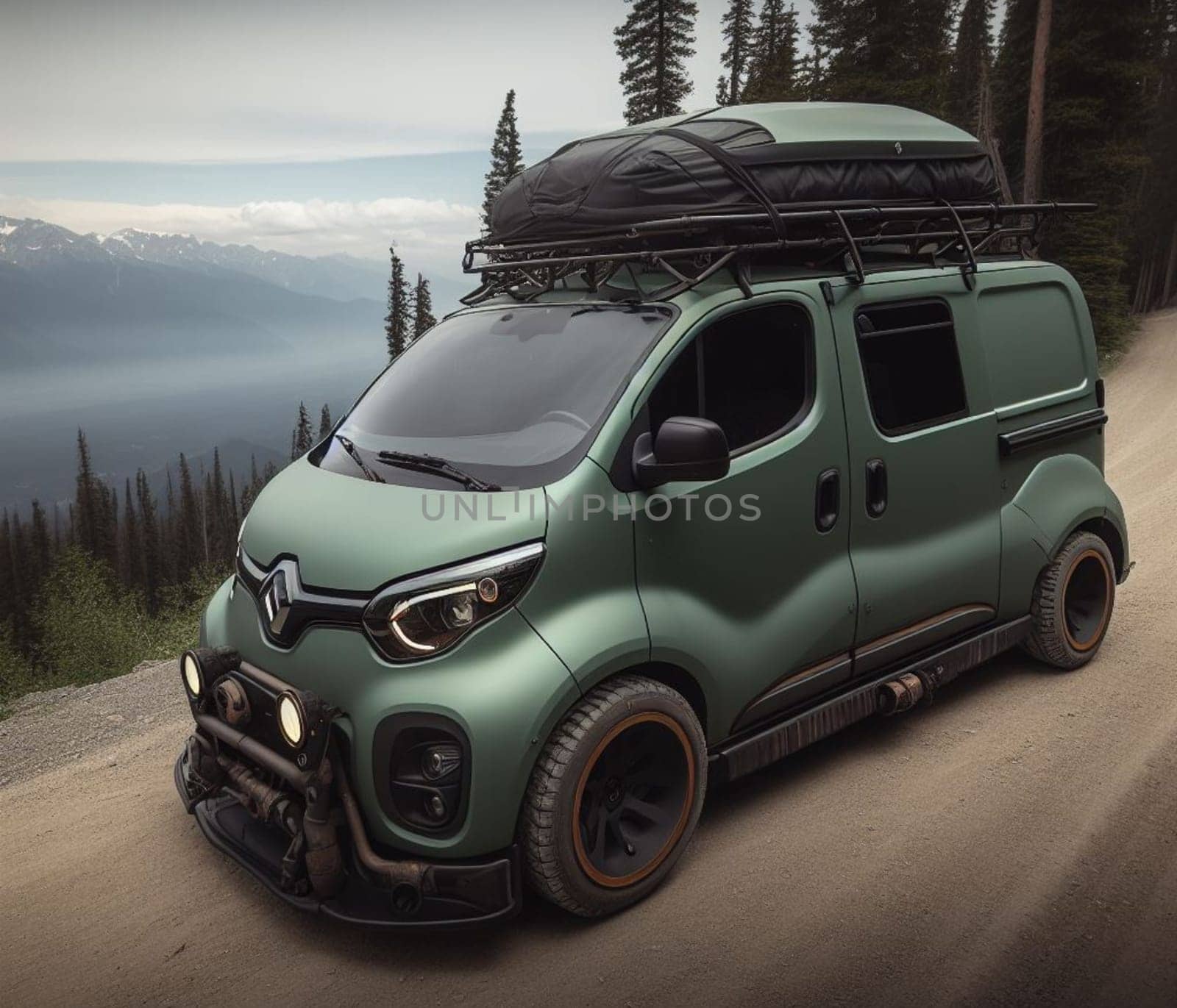 green matte 4x4 lift suv smallvintage van conversion , nomadic lifestyle , offroad wheels, 3d render by verbano