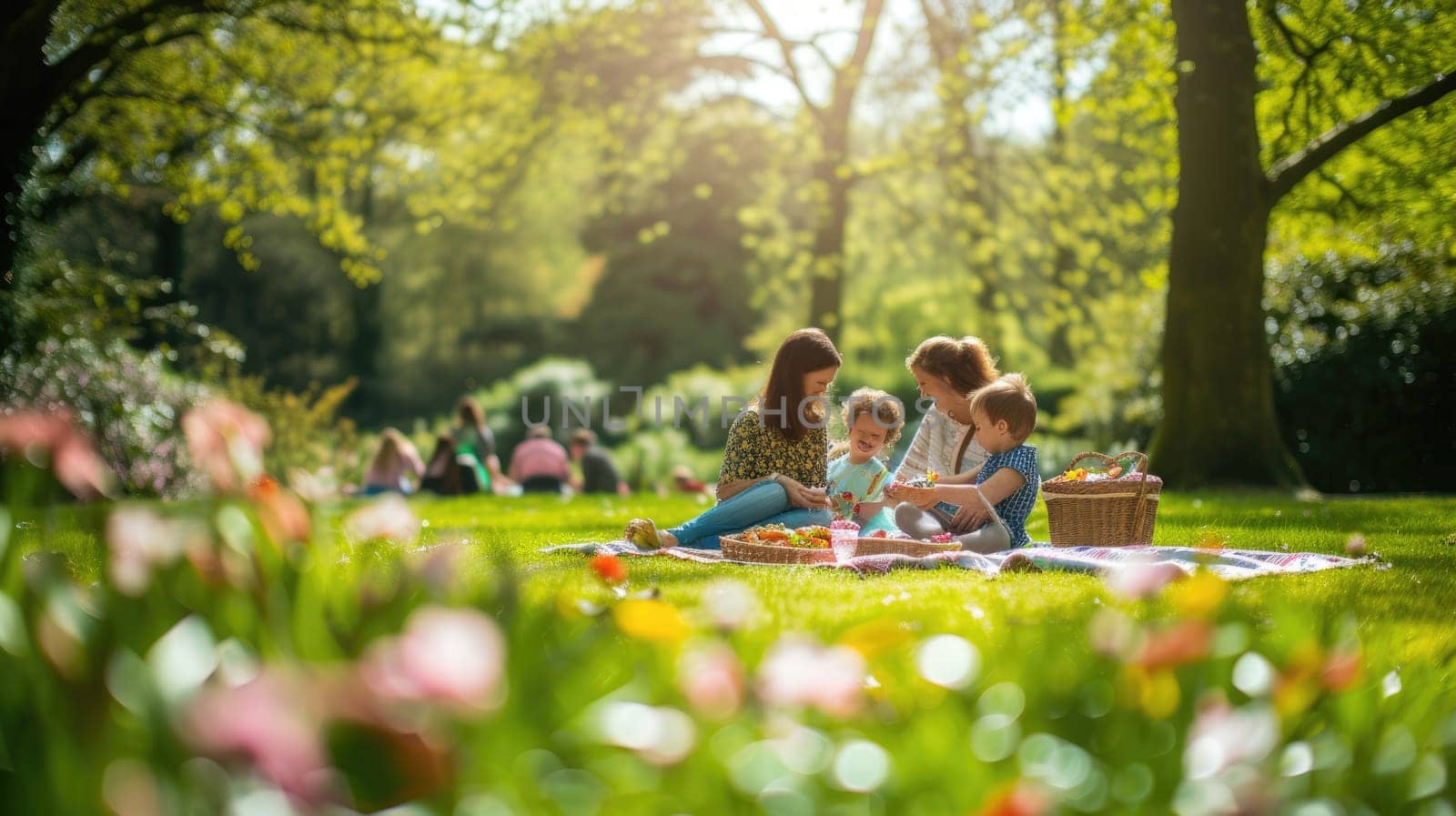 A happy family enjoys leisure and recreation in nature's beautiful landscape, surrounded by trees, flowers, and plants in the park. AIG41