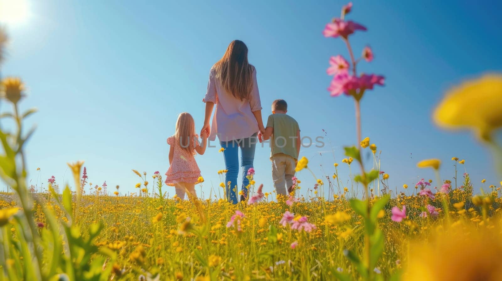 A happy family holding hands walks through a grassy field of flowers, surrounded by the beautiful natural landscape and vast sky. AIG41