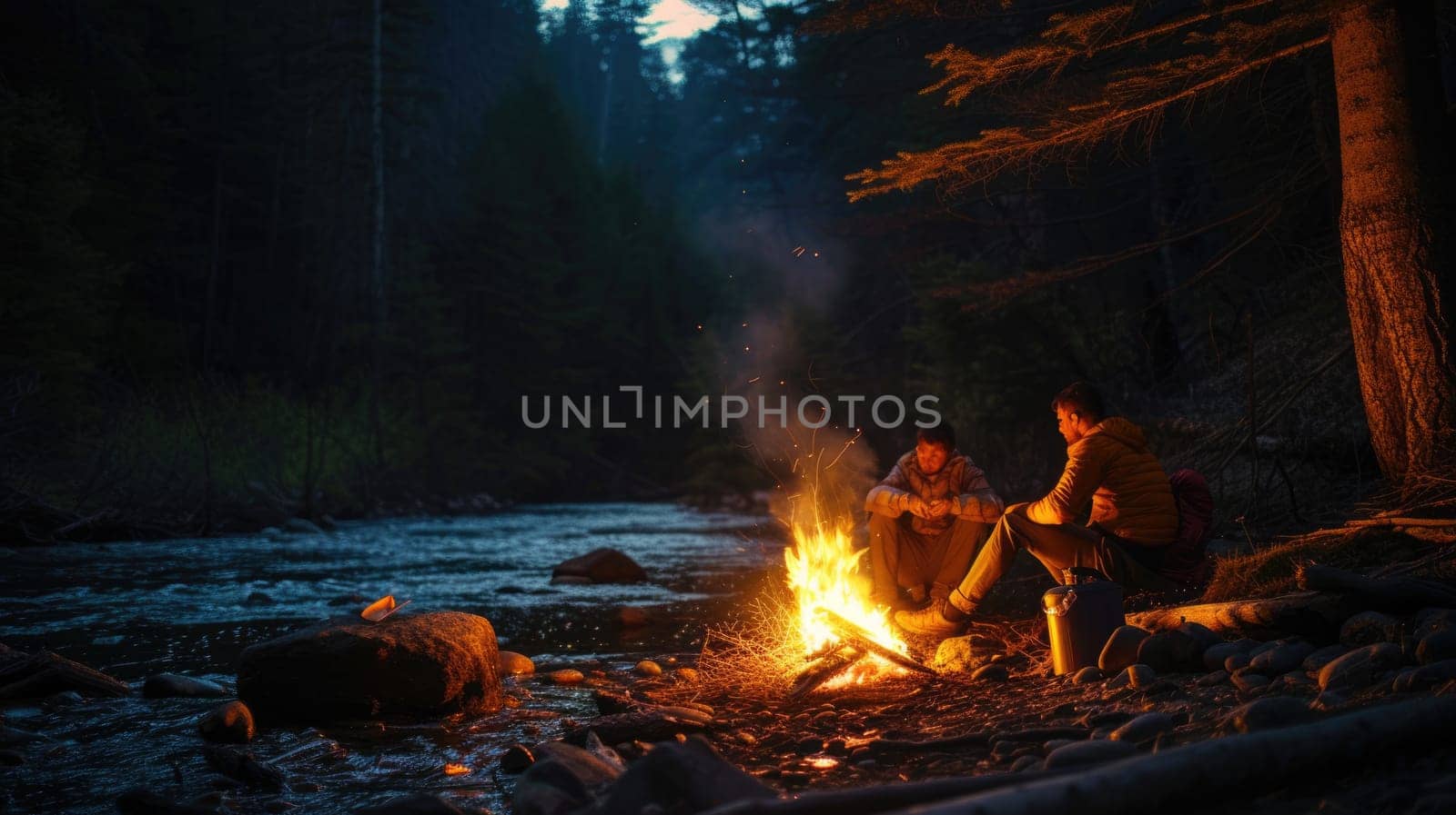 A fun camping event with a group of people sitting around a tent, enjoying the warmth of a fire, amidst the beautiful forest landscape. AIG41