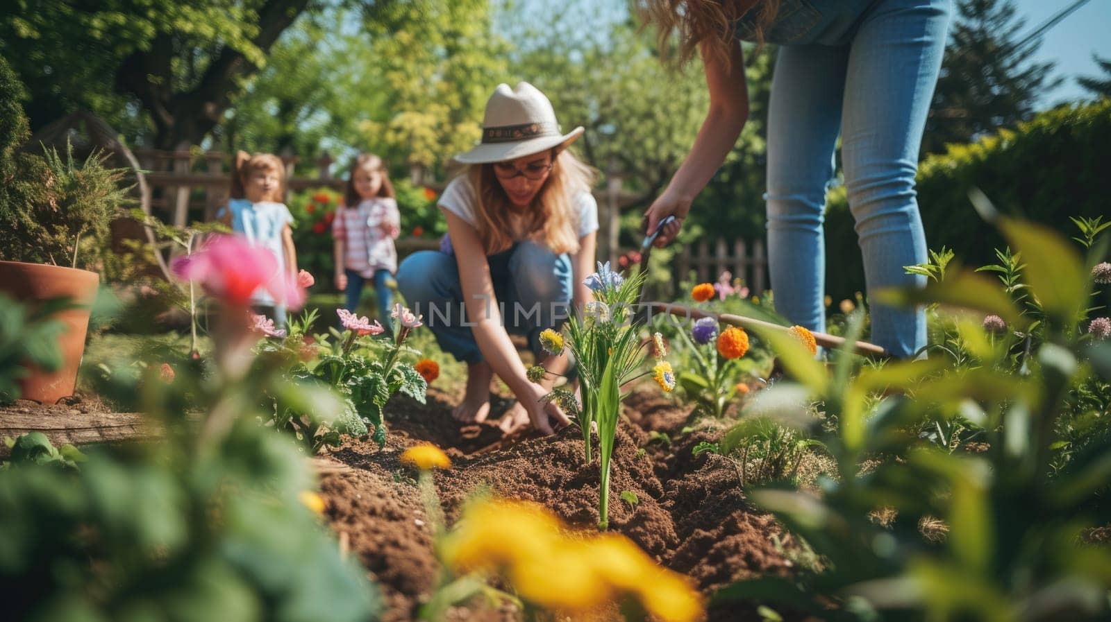 A family is picking flowers in a garden AIG41 by biancoblue