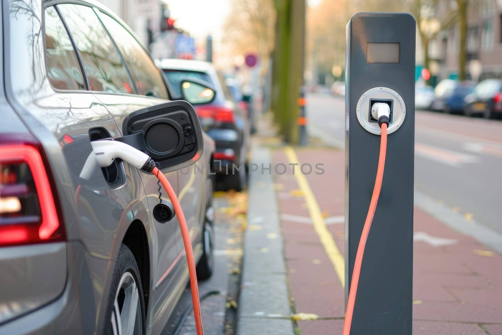 a black car is plugged into a charging station by AI generated image.