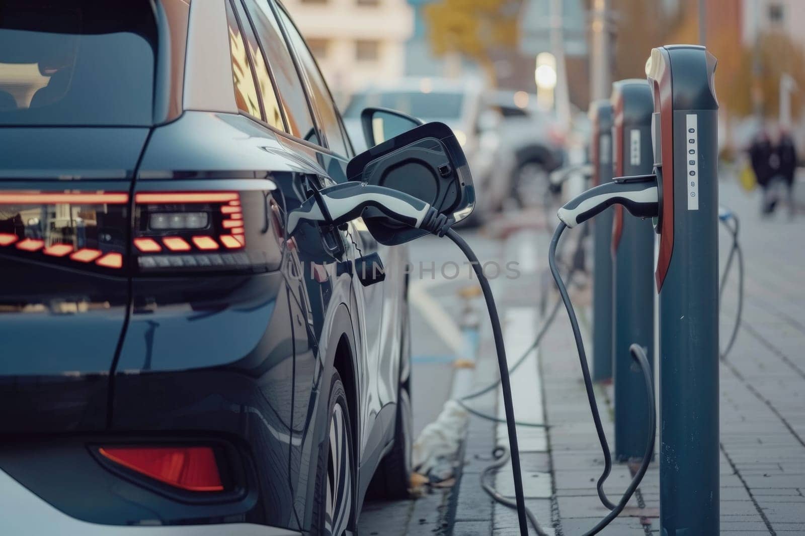 a black car is plugged into a charging station by AI generated image.