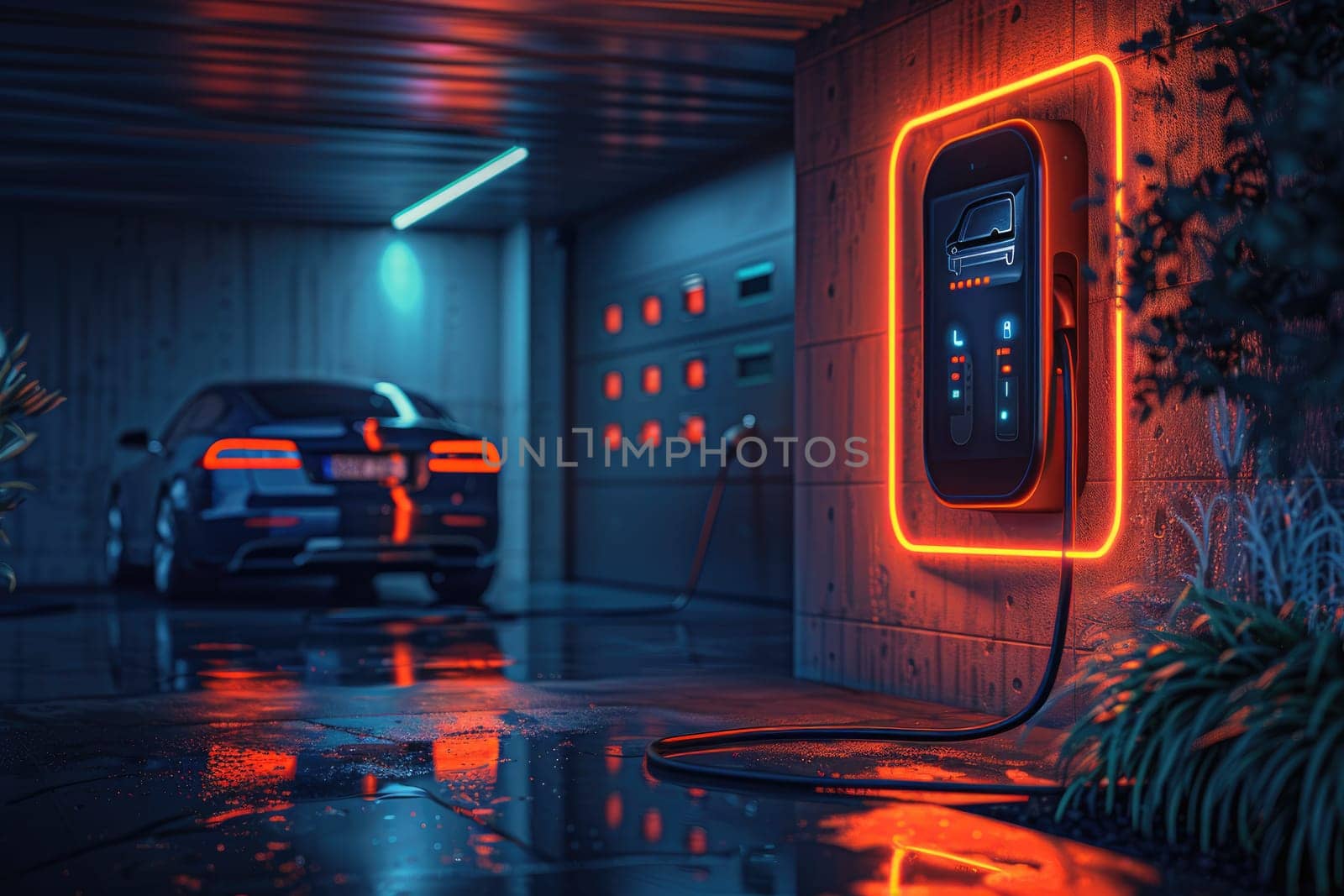 A car is plugged into a charging station by AI generated image.