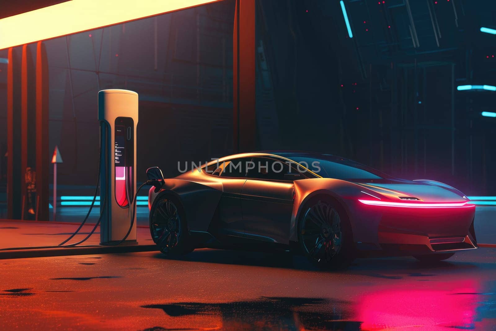 A car is parked at a charging station by AI generated image.