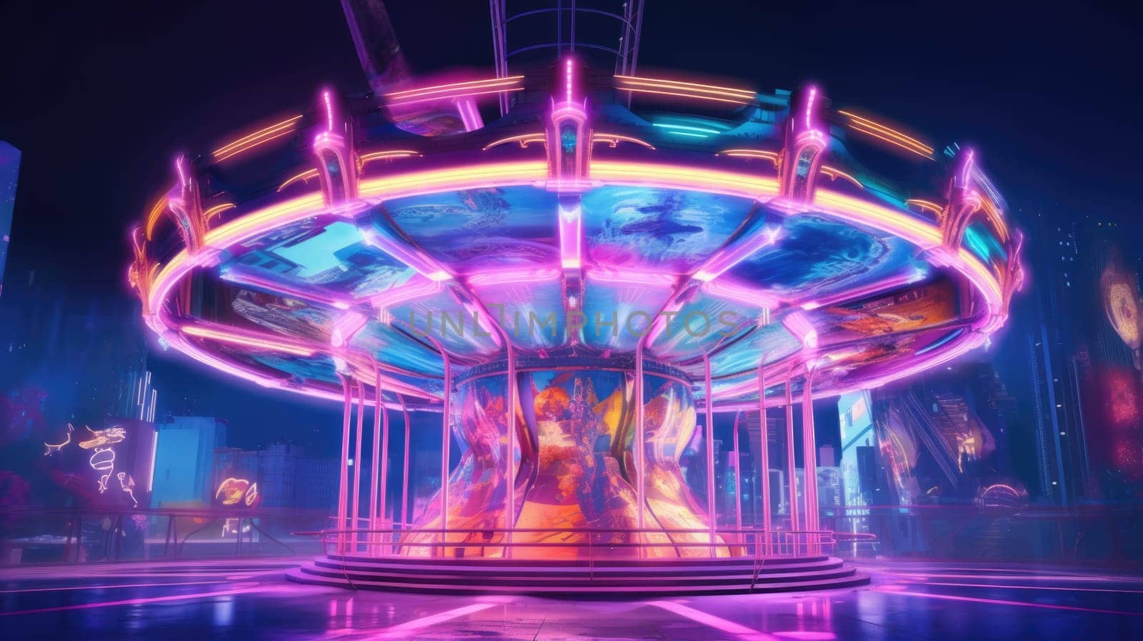 A vibrant carousel at night with retro charm, featuring colorful hues like pink, blue, orange, red, purple, and green, creating a mesmerizing and nostalgic atmosphere.