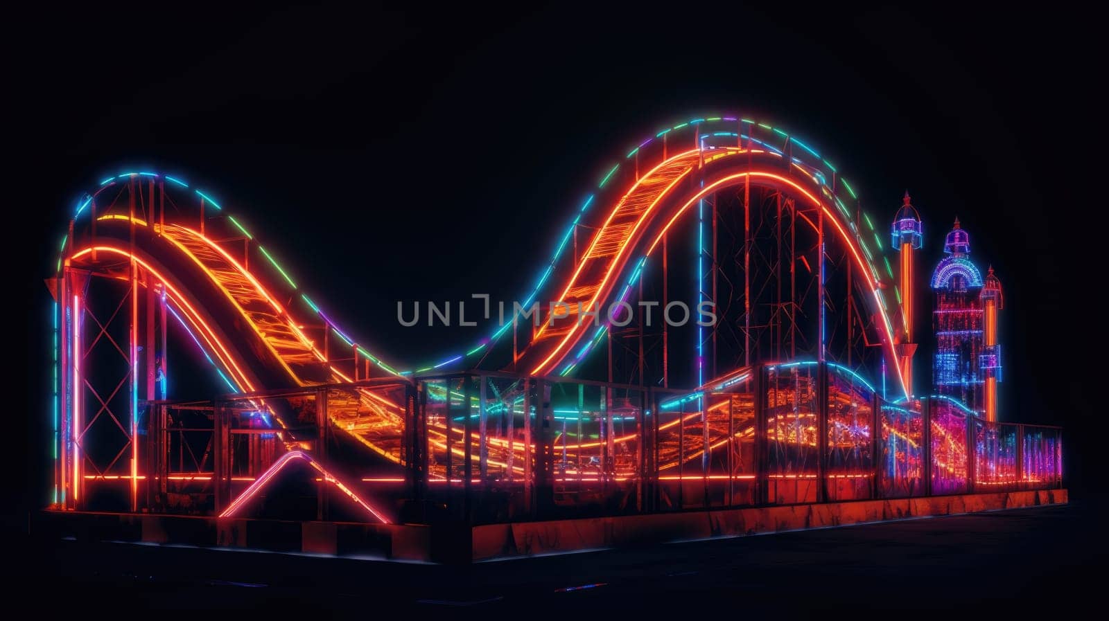 Amusement park with roller coaster at night with bright colorful neon lights by JuliaDorian