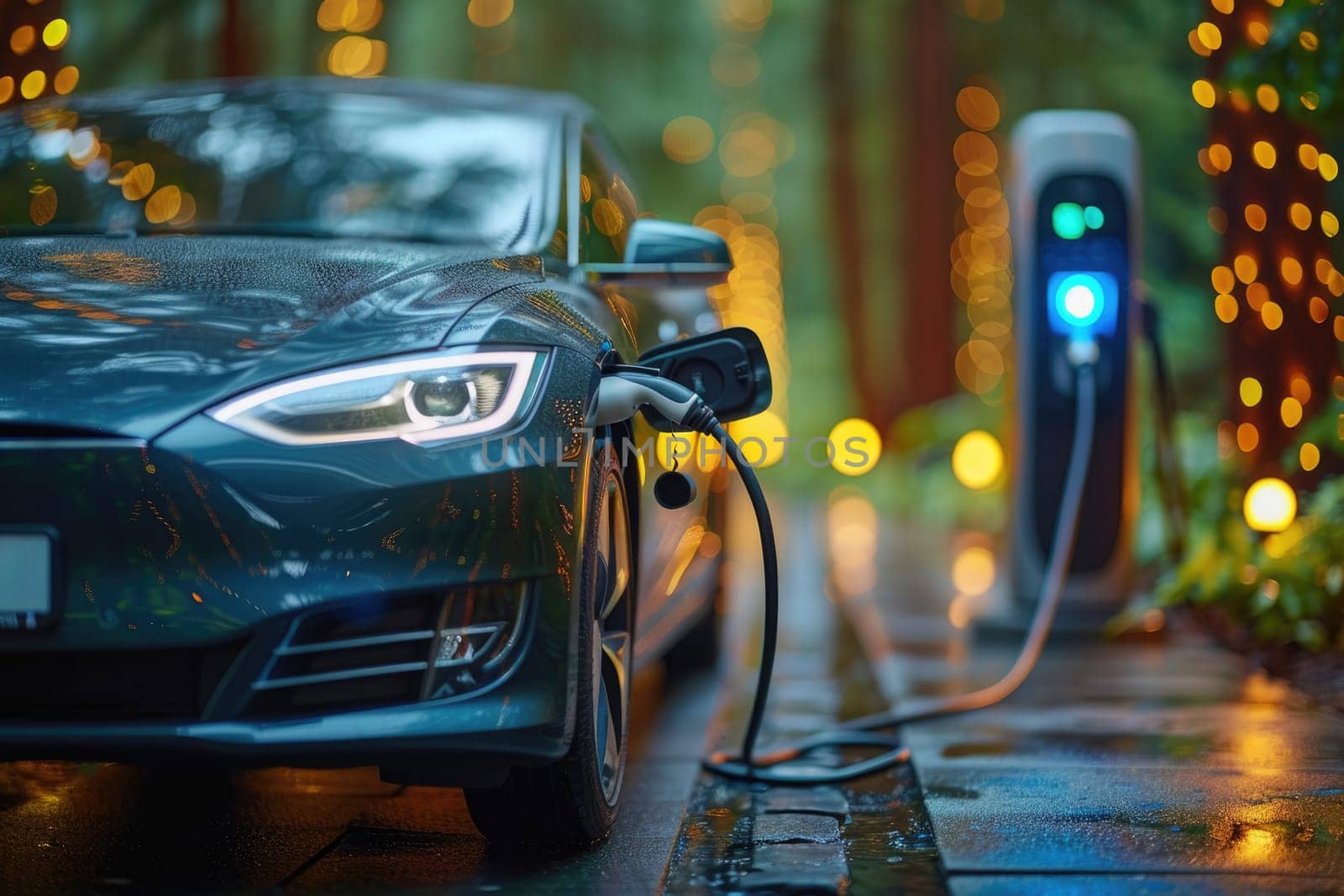 a black car is plugged into a charging station by AI generated image.