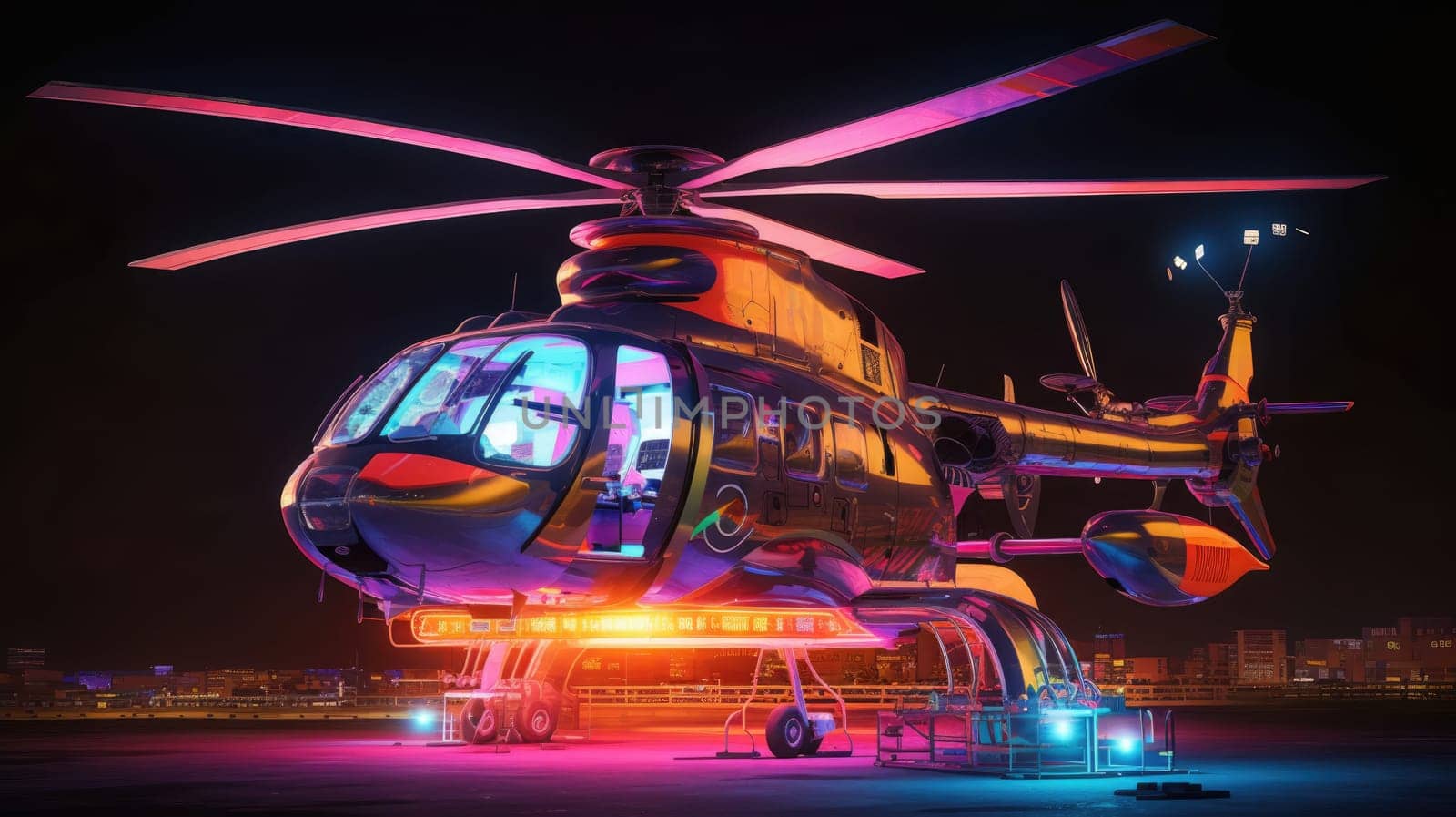 Futuristic helicopter with neon lights in a cyberpunk style. Isolated on black background, great for websites, presentations, and social media. Ideal for futuristic projects.