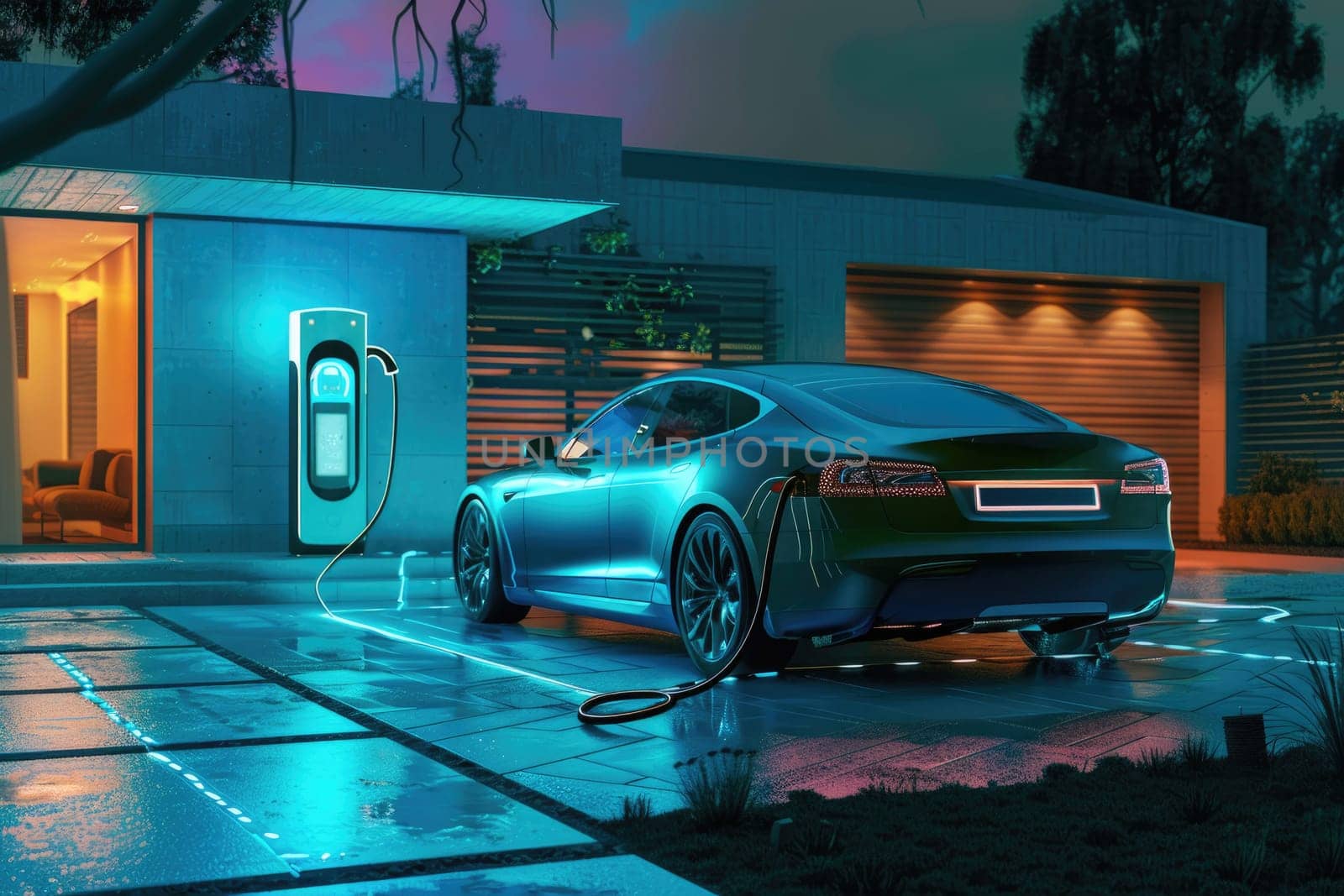 A black car is parked at a charging station by AI generated image.